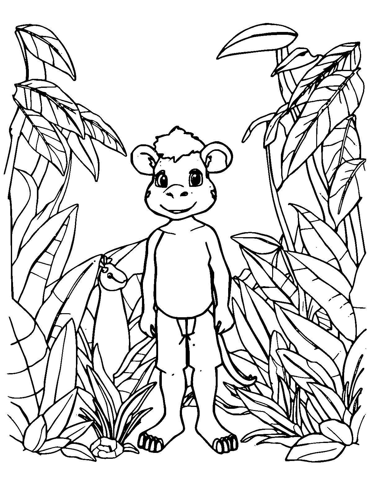 Line-art coloring page of Rainforest, medium outlines, centered