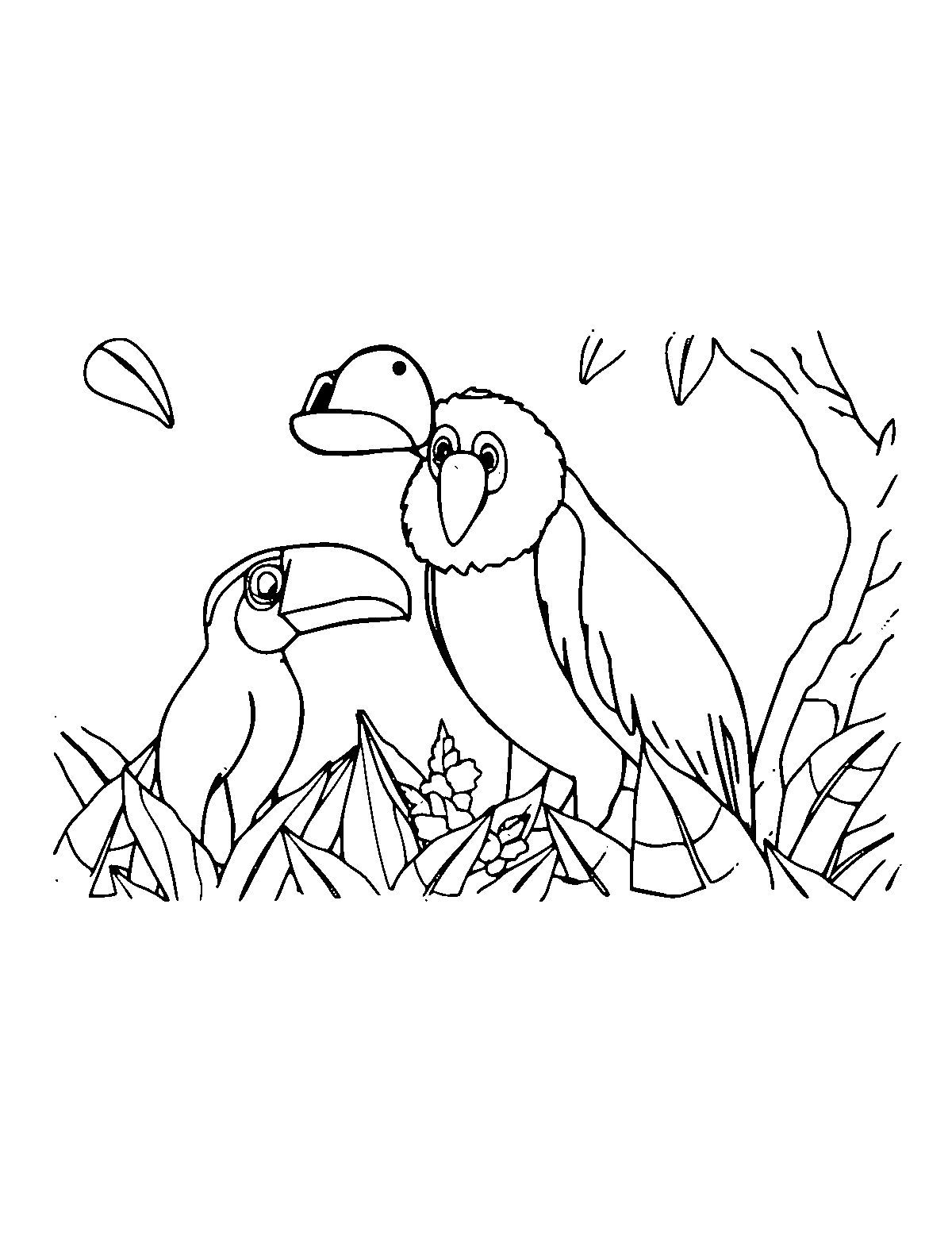Line-art coloring page of Rainforest Animals, medium outlines, centered