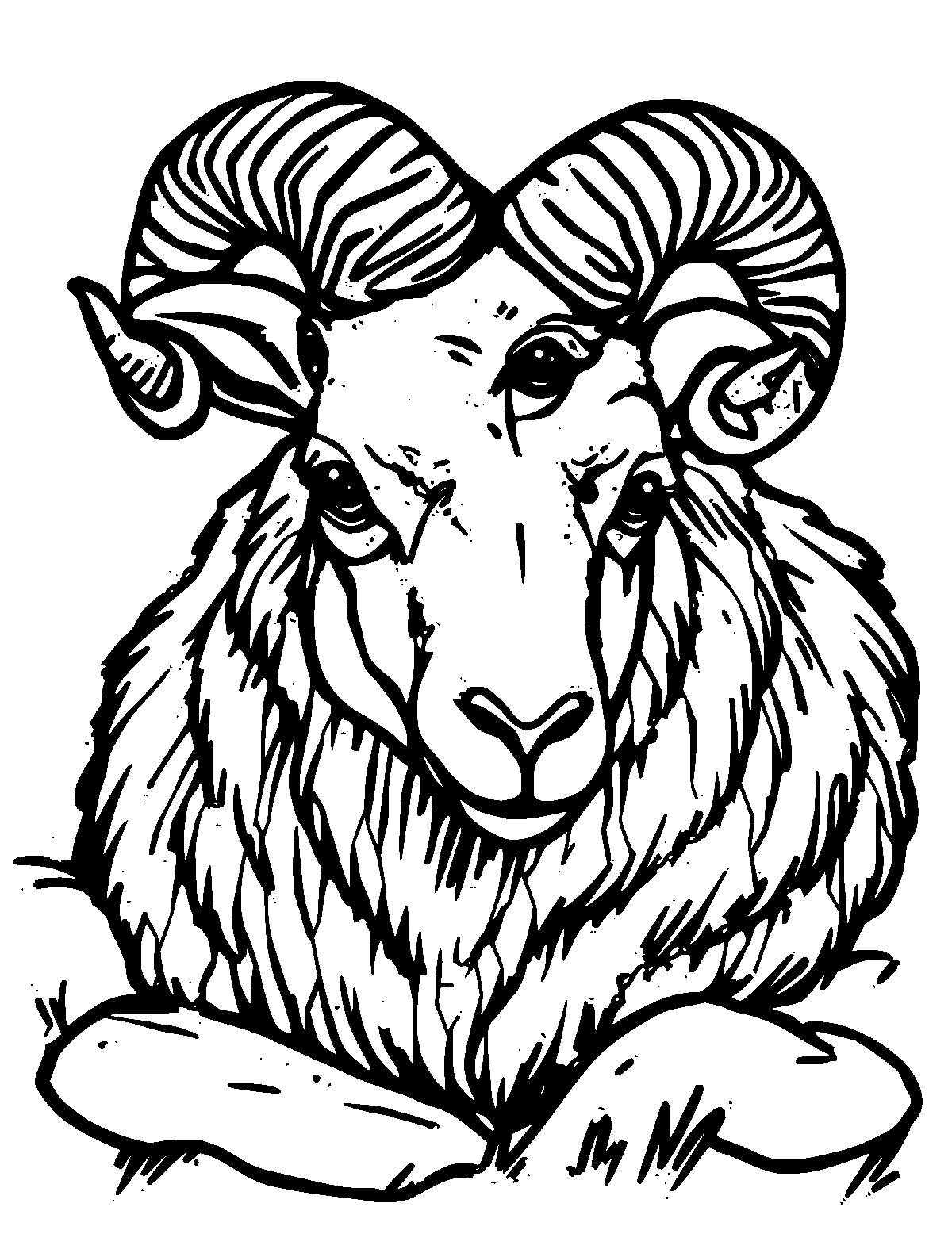 Line-art coloring page of Ram, thick outlines, centered