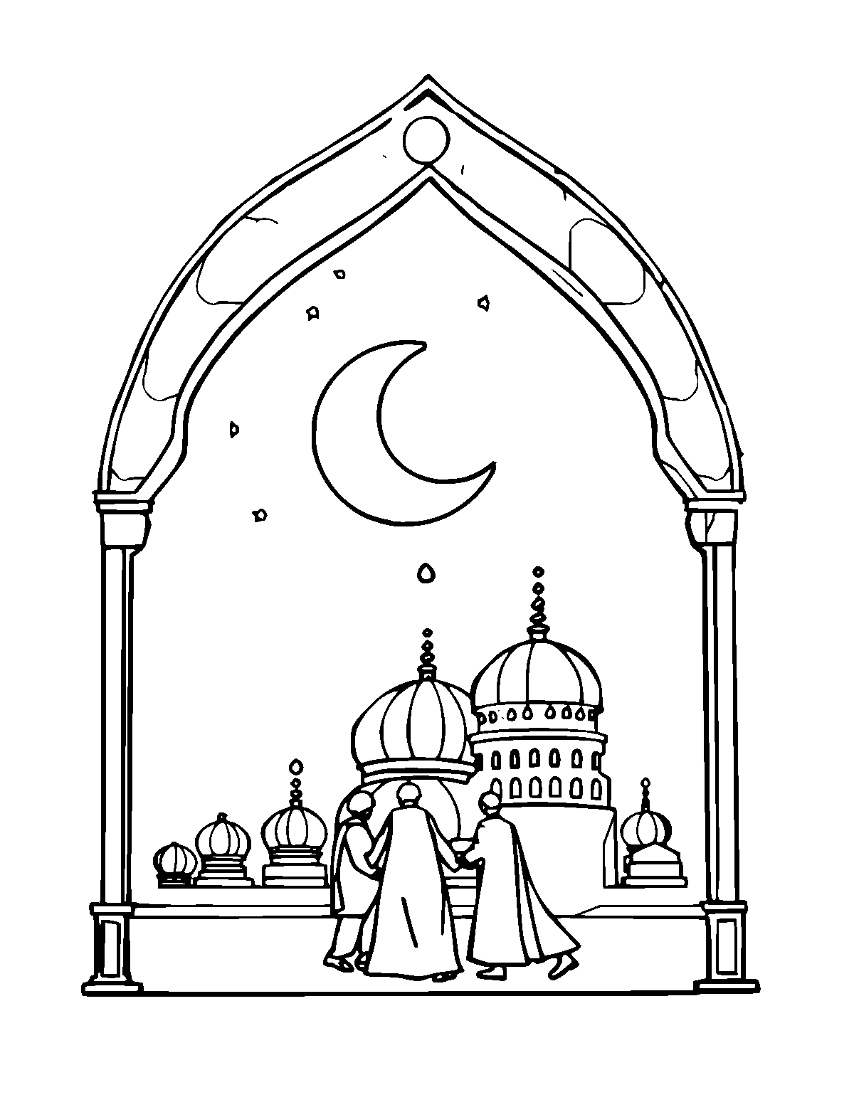 Line-art coloring page of Ramadan, medium outlines, centered