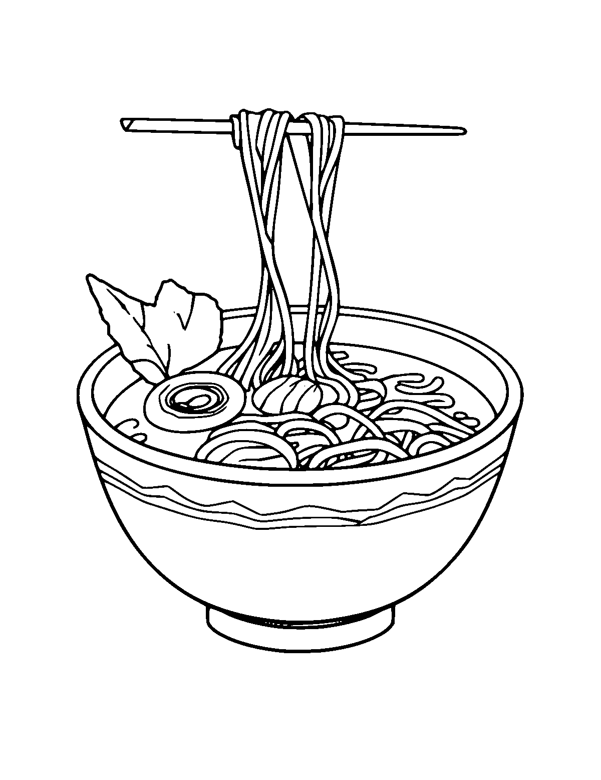 Line-art coloring page of Ramen Bowl, medium outlines, centered