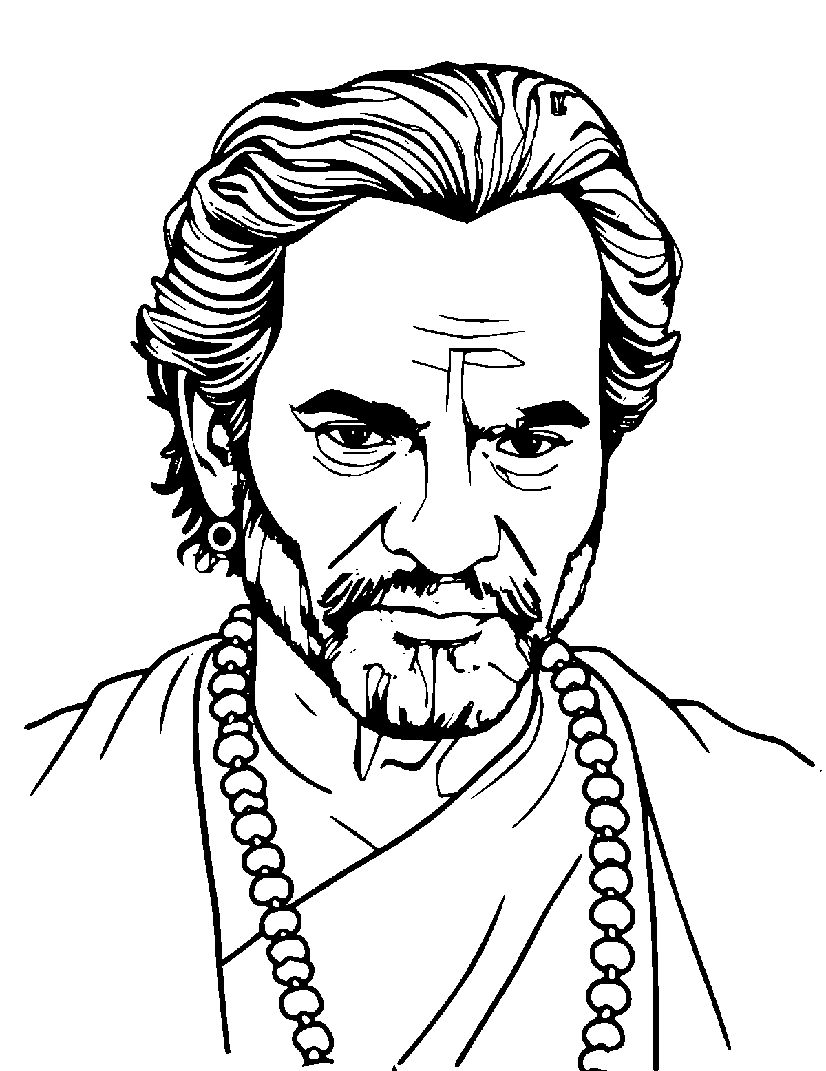 Line-art coloring page of Ravi Shankar, medium outlines, centered