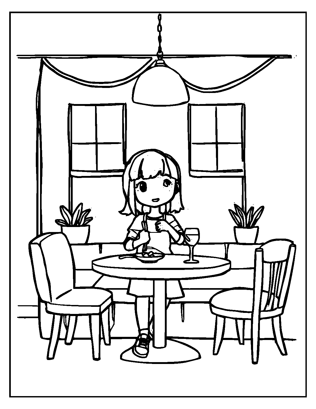 Line-art coloring page of Restaurant, medium outlines, centered