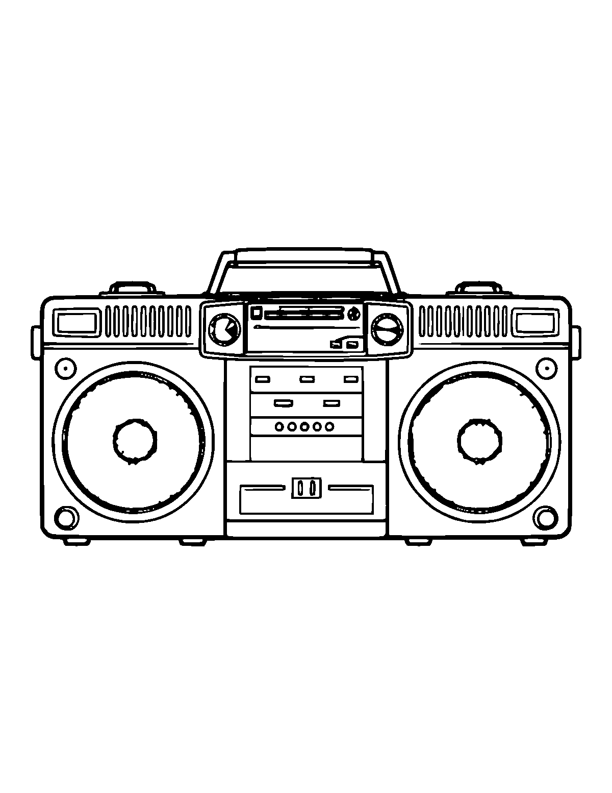 Line-art coloring page of Retro Boombox, medium outlines, centered