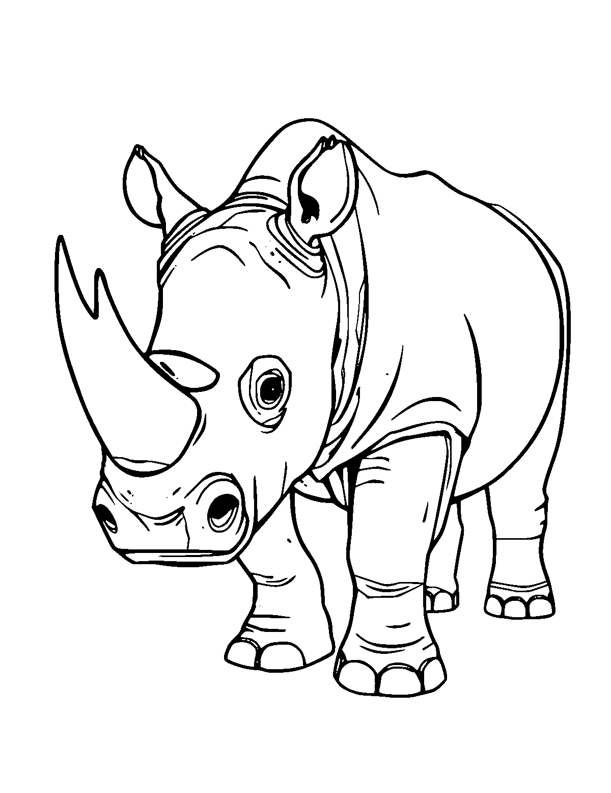 Line-art coloring page of Rhino, medium outlines, centered