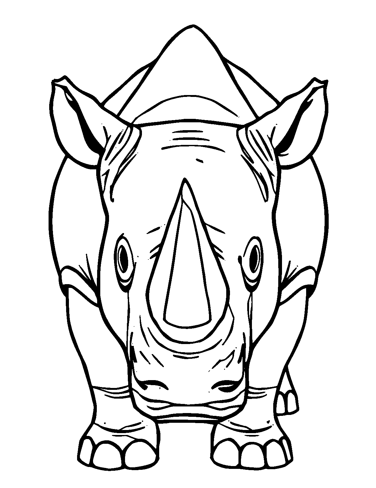 Line-art coloring page of Rhinoceros, thick outlines, centered