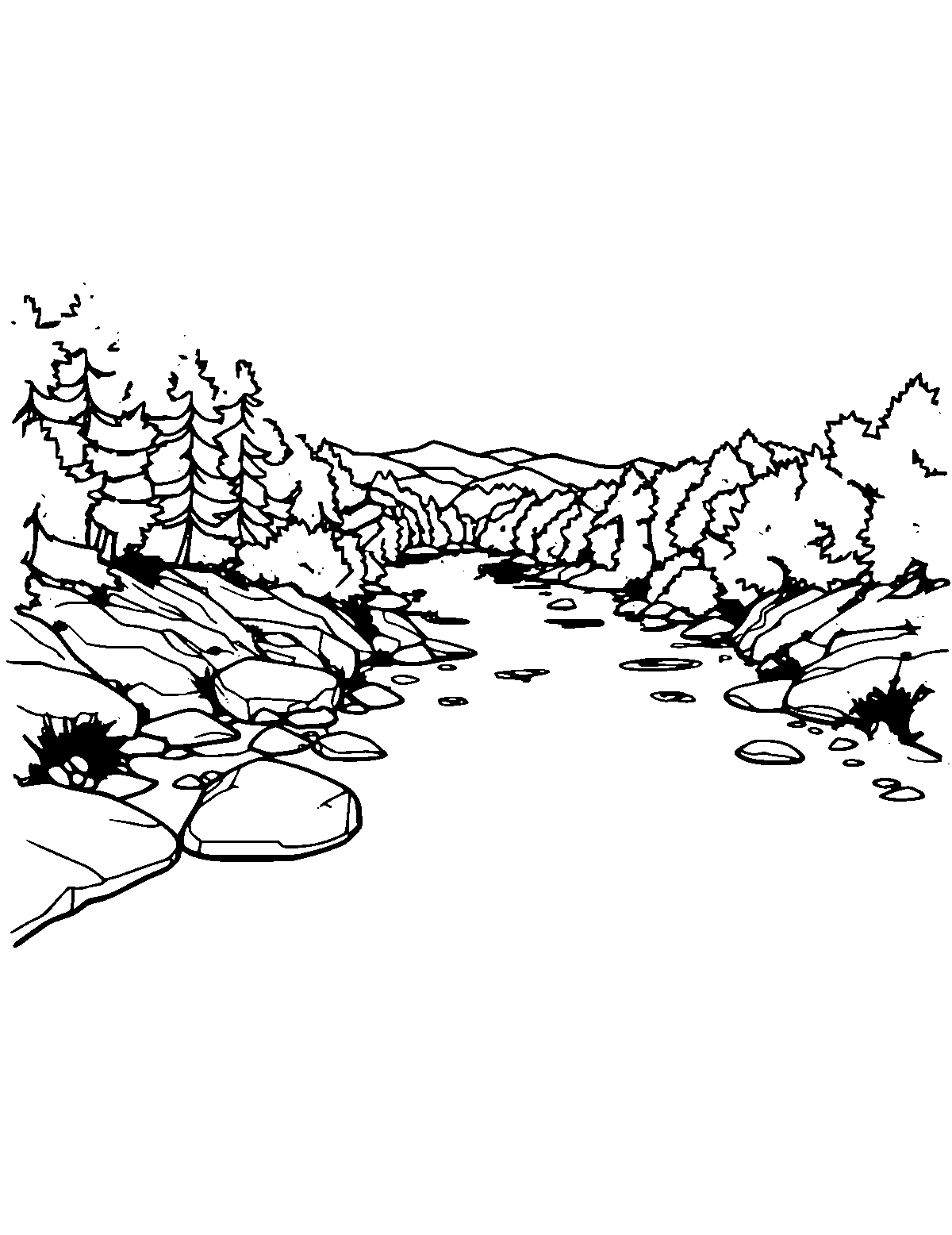 Line-art coloring page of River, medium outlines, centered