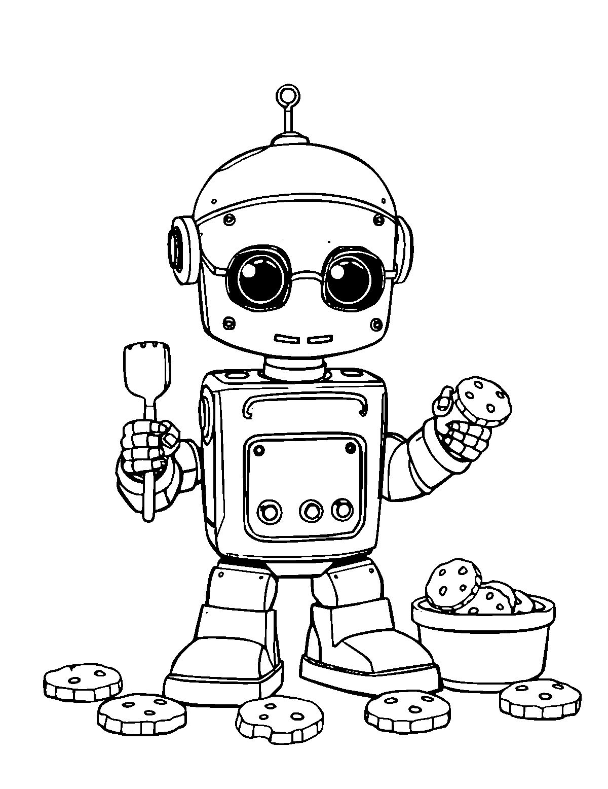 Line-art coloring page of Robot Baking Cookies, medium outlines, centered