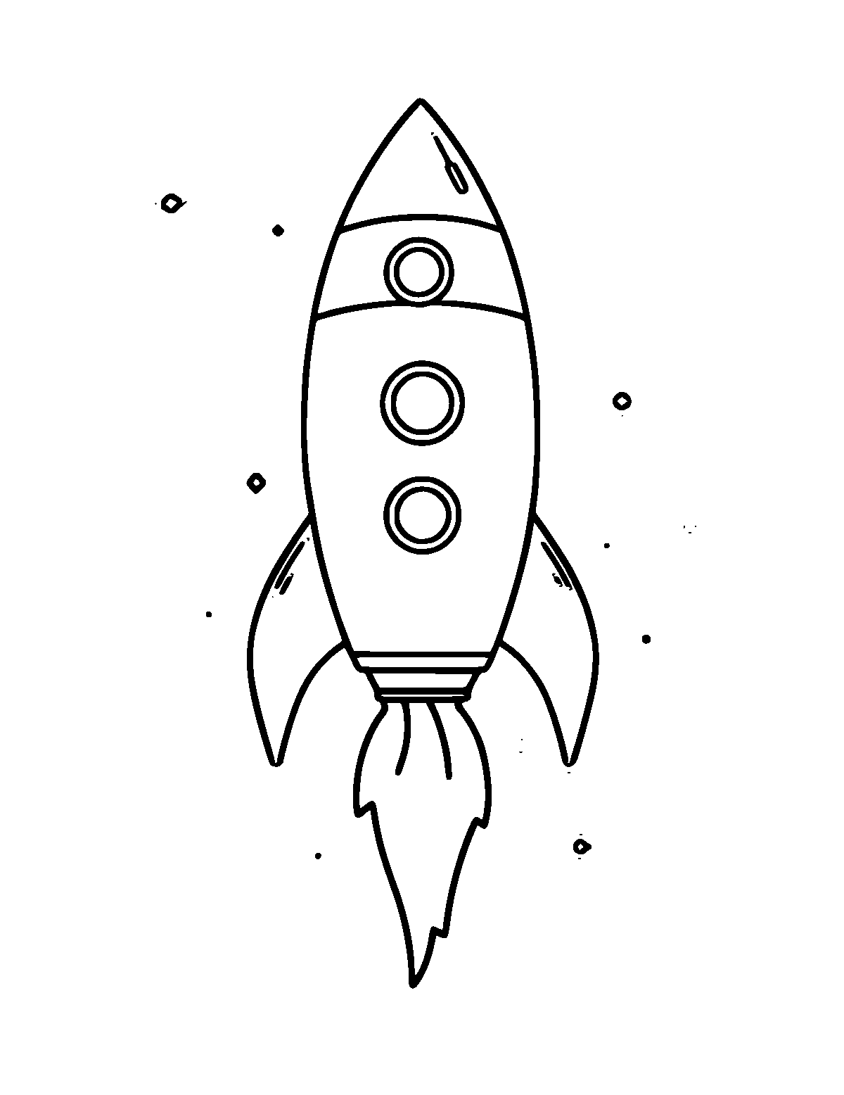Line-art coloring page of Rocket, medium outlines, centered