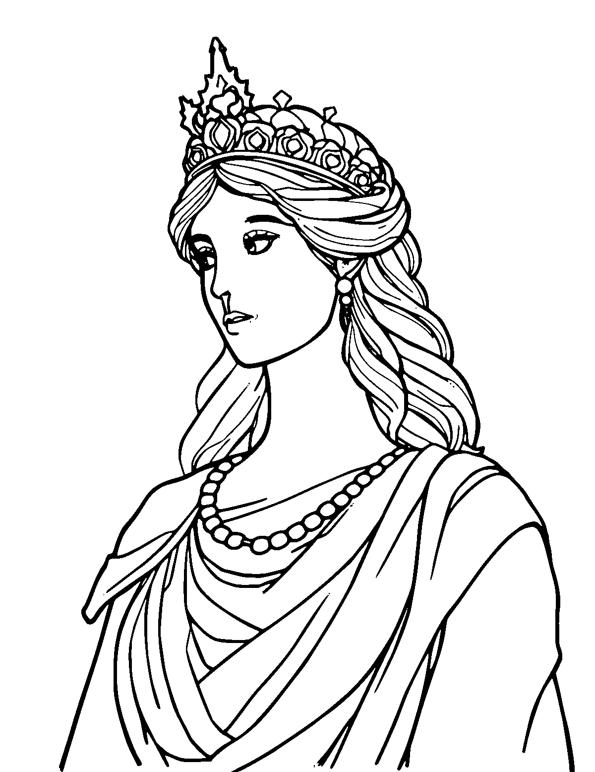Line-art coloring page of Roman Goddess Diana, medium outlines, centered