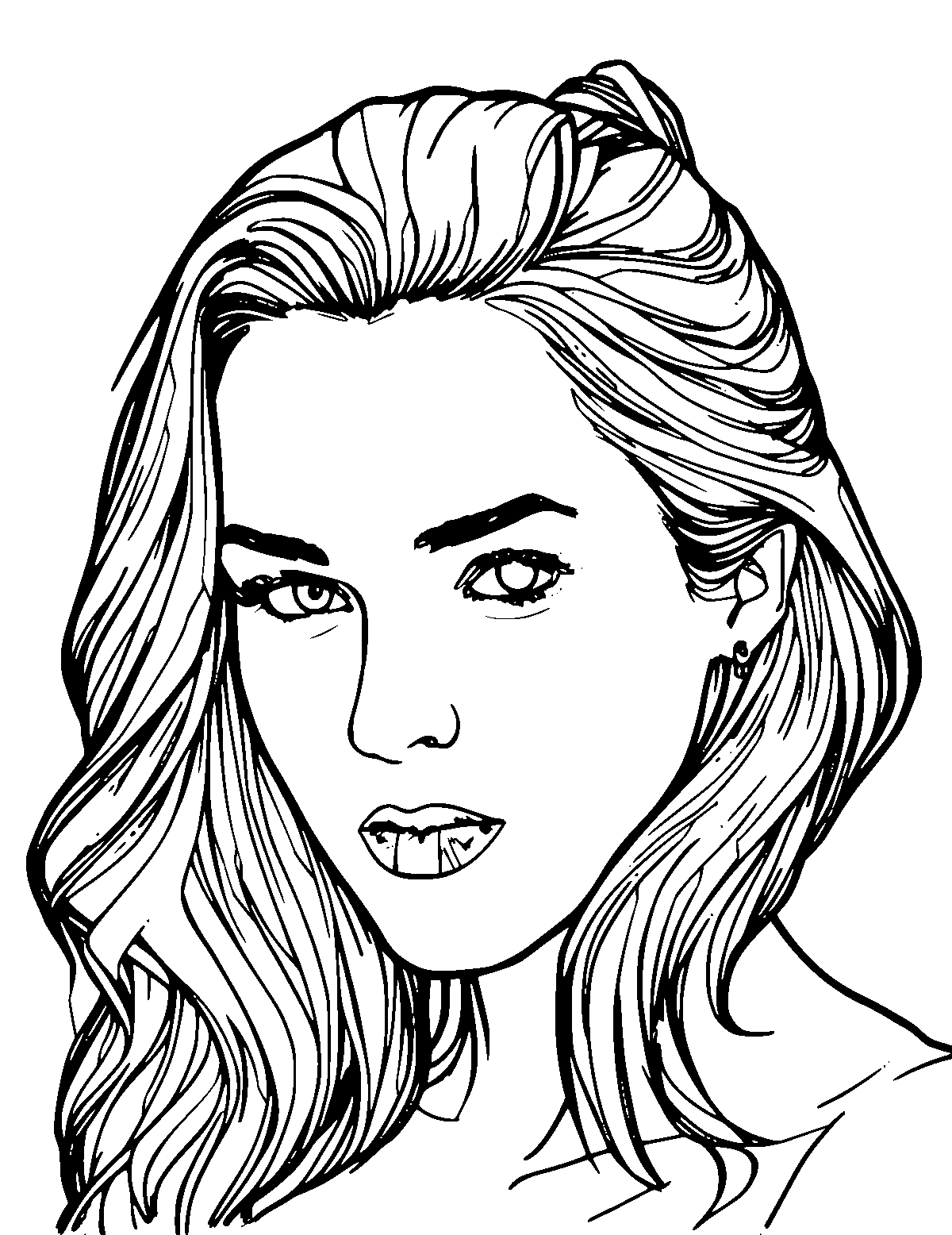 Line-art coloring page of Ronda Rousey, medium outlines, centered
