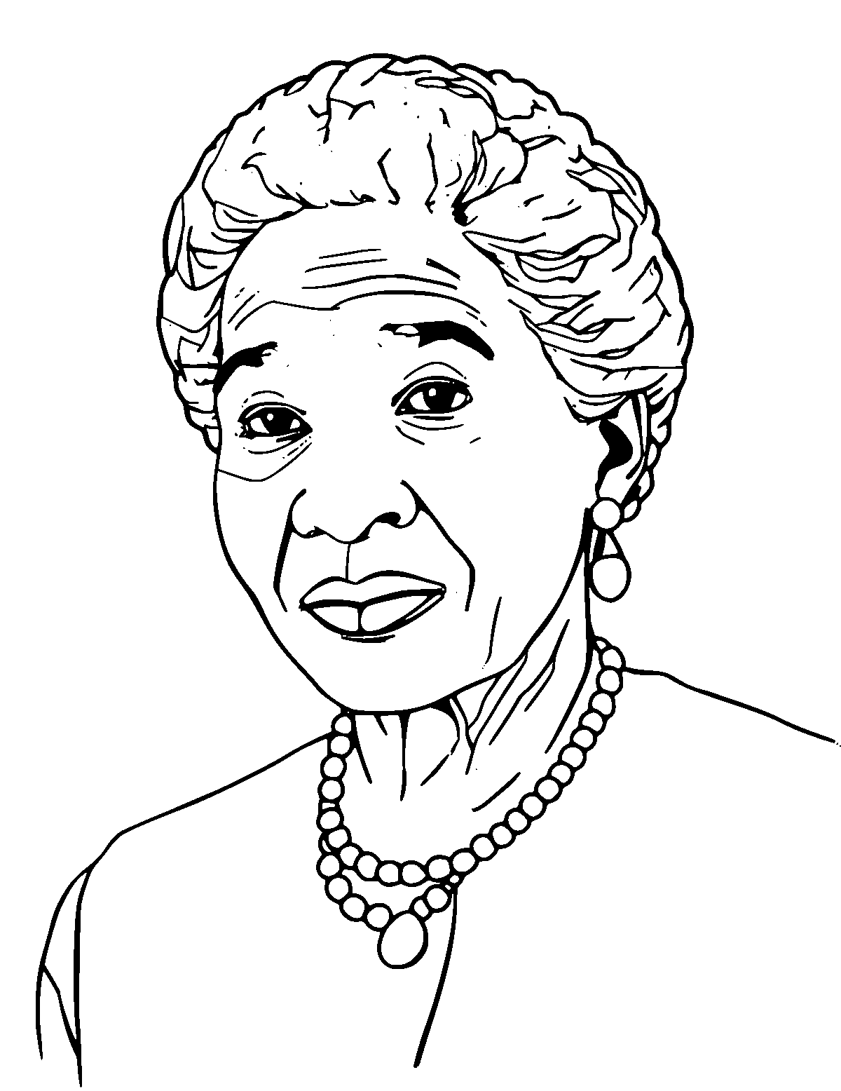 Line-art coloring page of Rosa Parks, medium outlines, centered