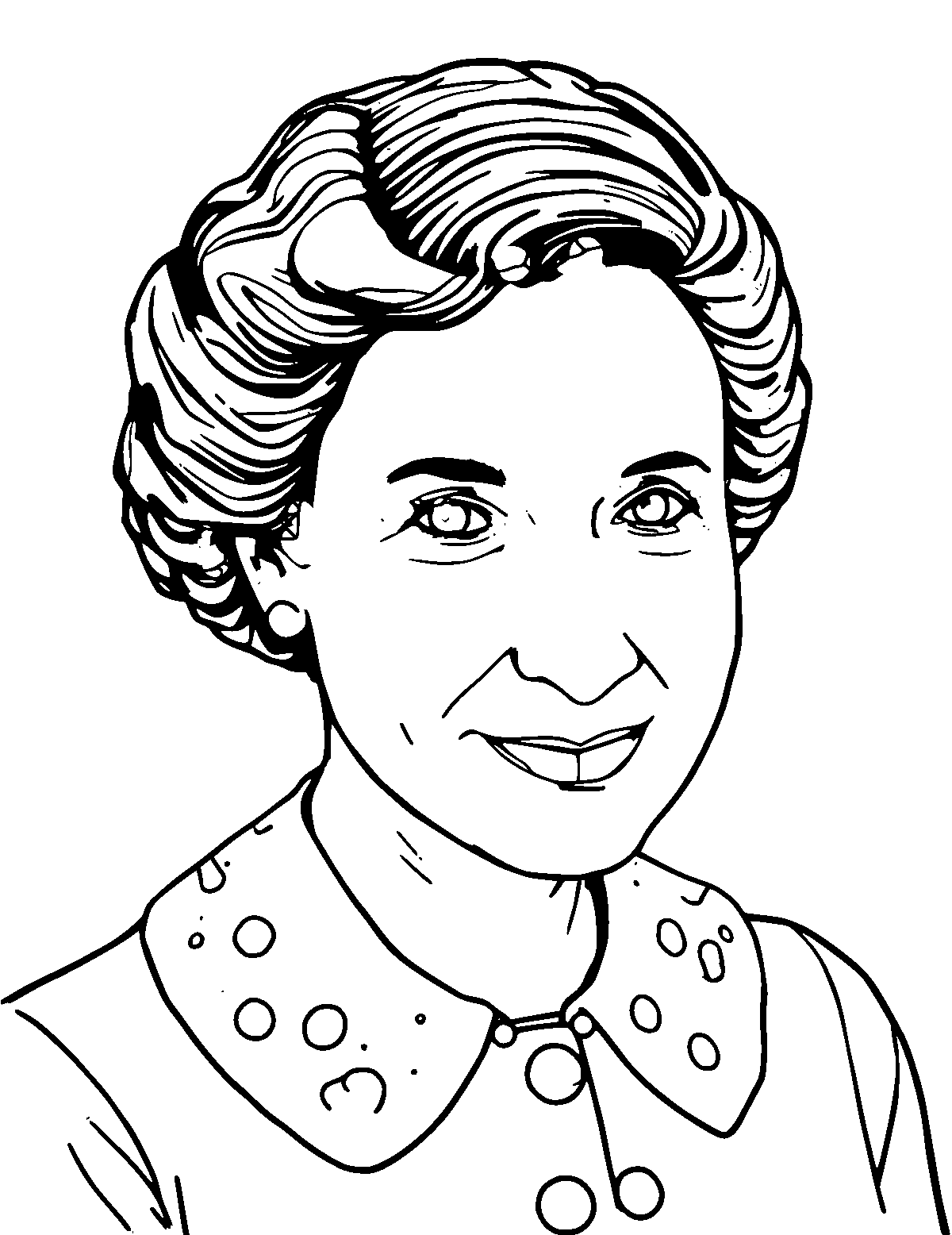 Line-art coloring page of Rosalind Franklin, medium outlines, centered