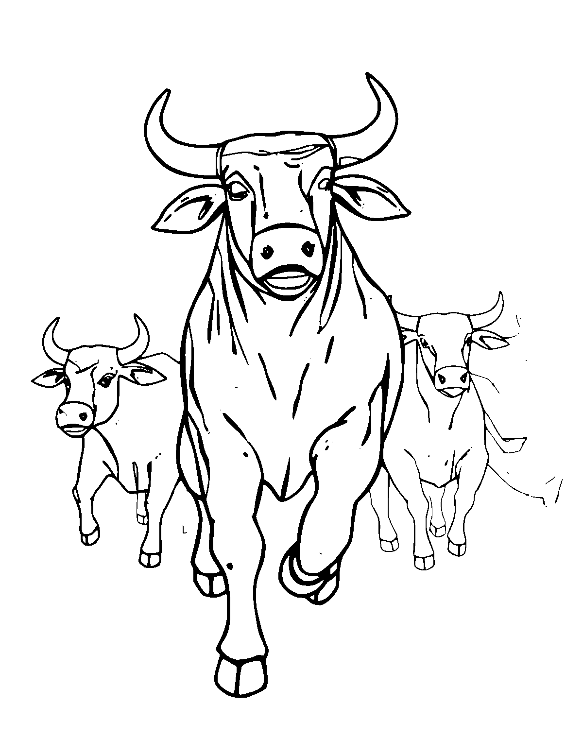 Line-art coloring page of Running of the Bulls (San Fermin), medium outlines, centered