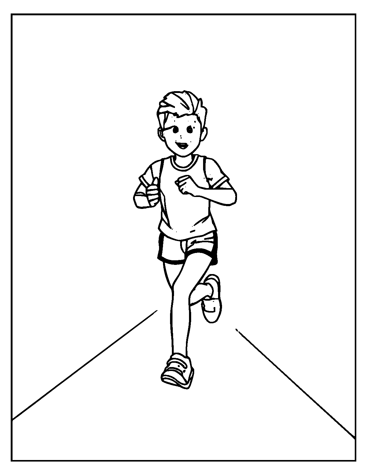 Line-art coloring page of Running Track, medium outlines, centered