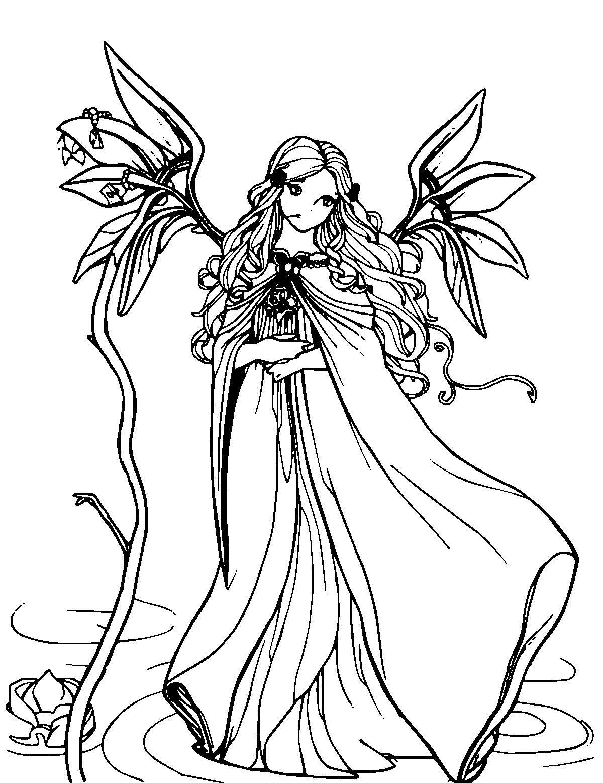 Line-art coloring page of Rusalka the Water Maiden, medium outlines, centered