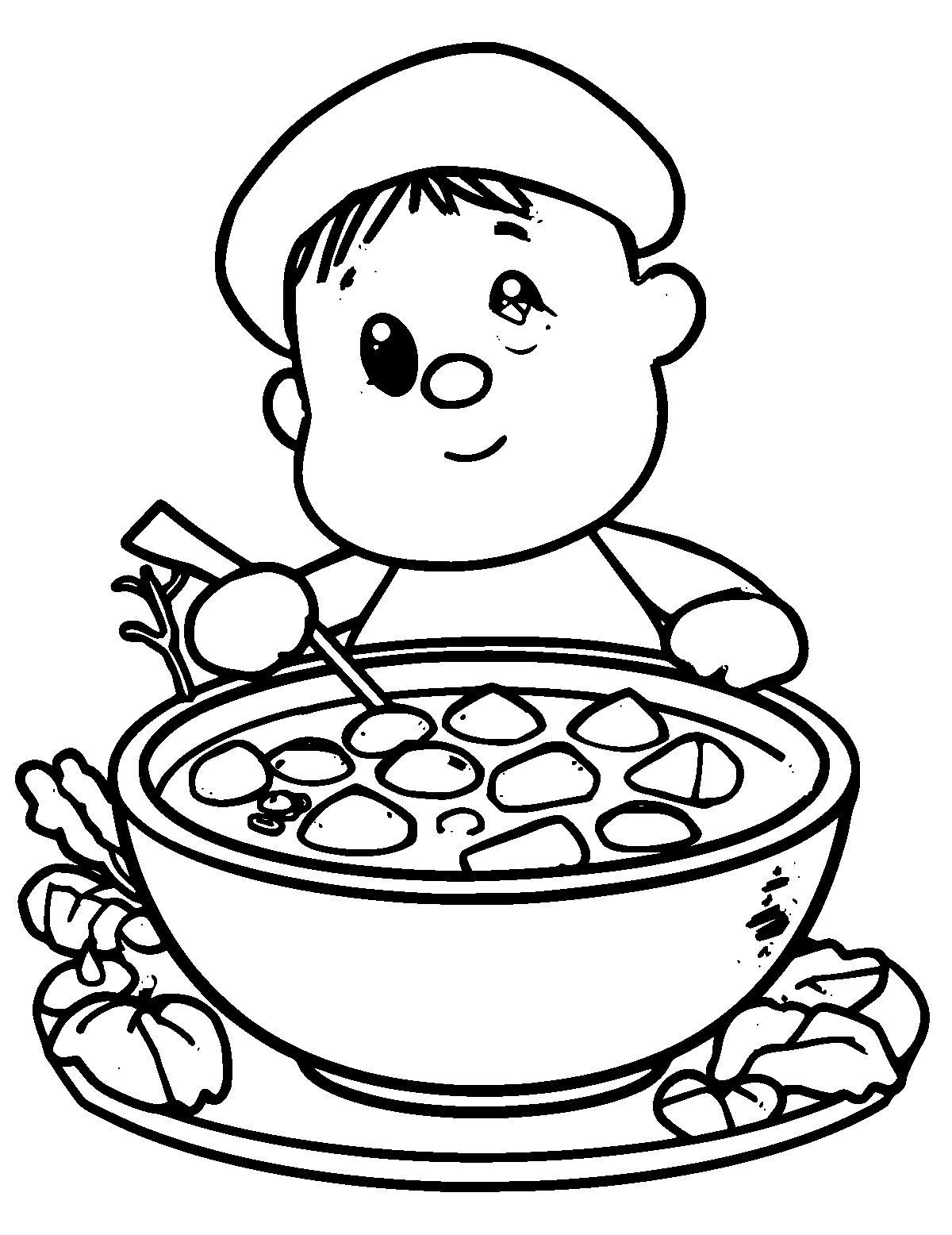 Line-art coloring page of Russian Borscht, thick outlines, centered