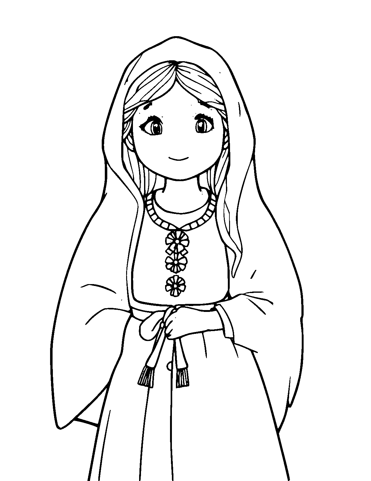 Line-art coloring page of Russian Sarafan, medium outlines, centered