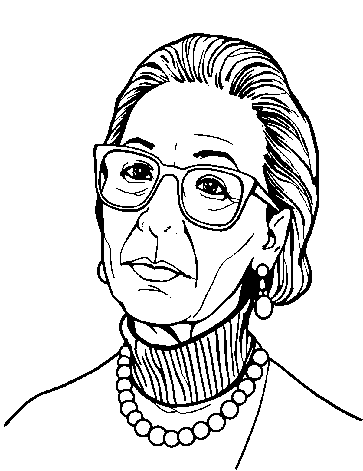 Line-art coloring page of Ruth Bader Ginsburg, medium outlines, centered