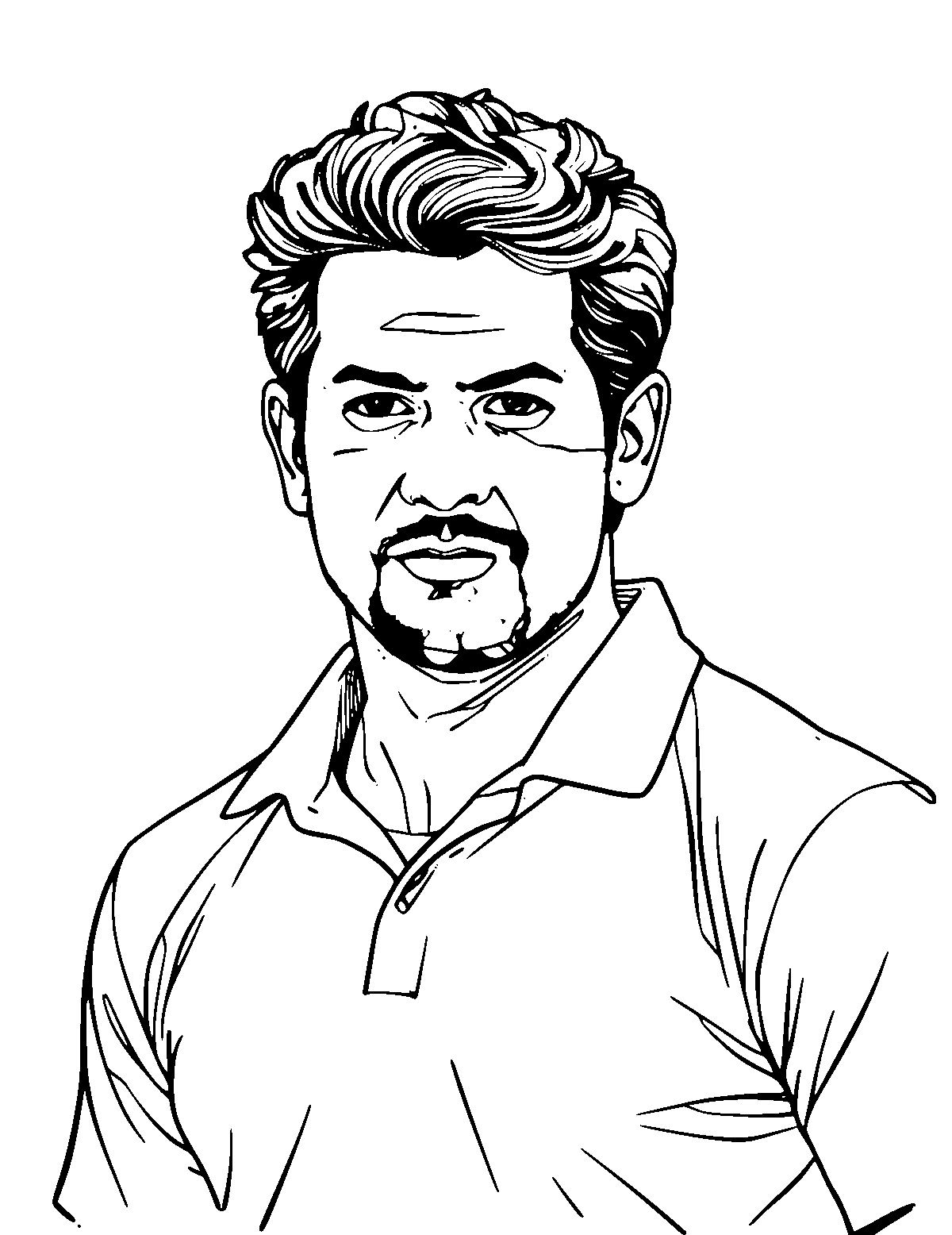 Line-art coloring page of Sachin Tendulkar, medium outlines, centered