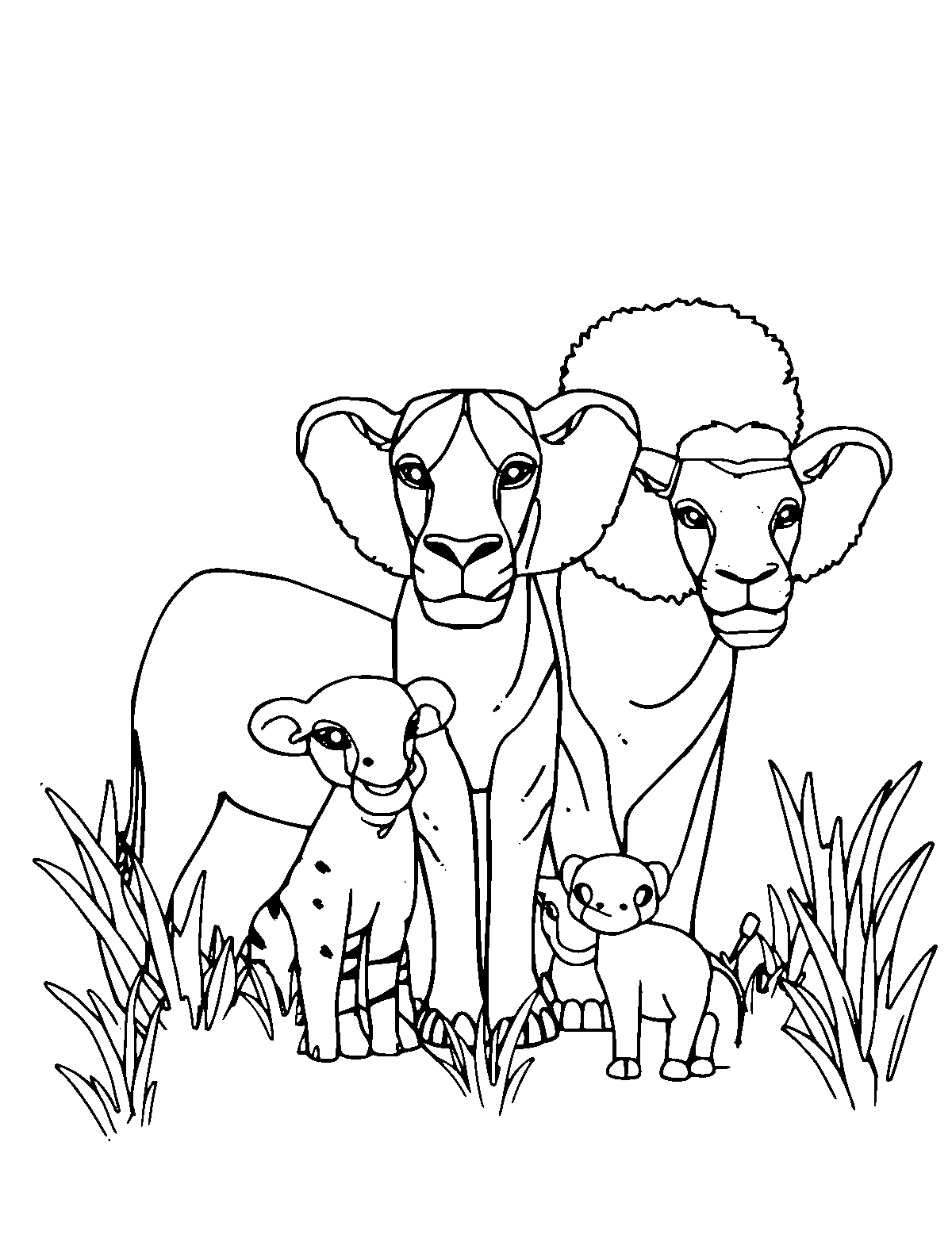 Line-art coloring page of Safari Animals, medium outlines, centered