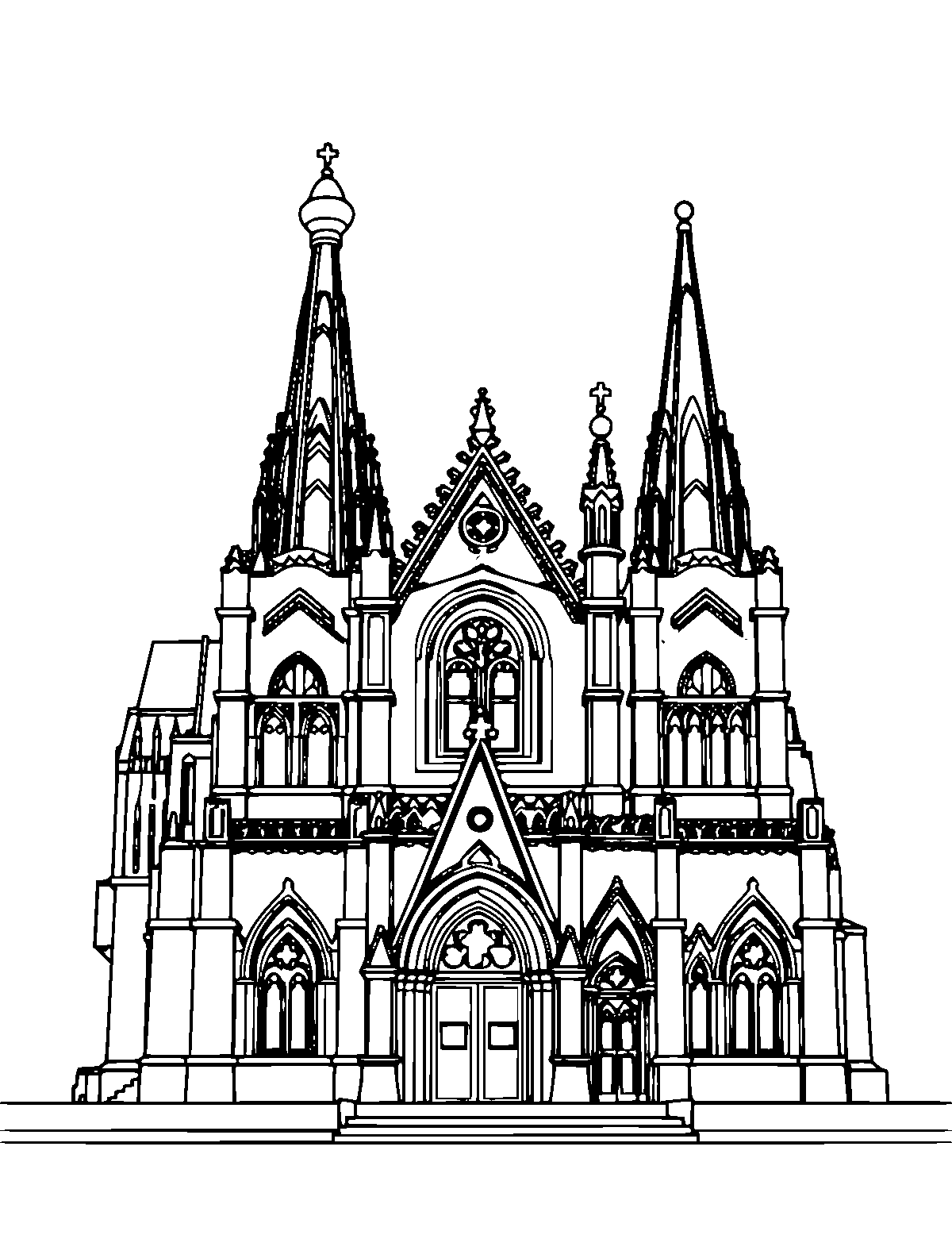 Line-art coloring page of Saint Basil's Cathedral, medium outlines, centered