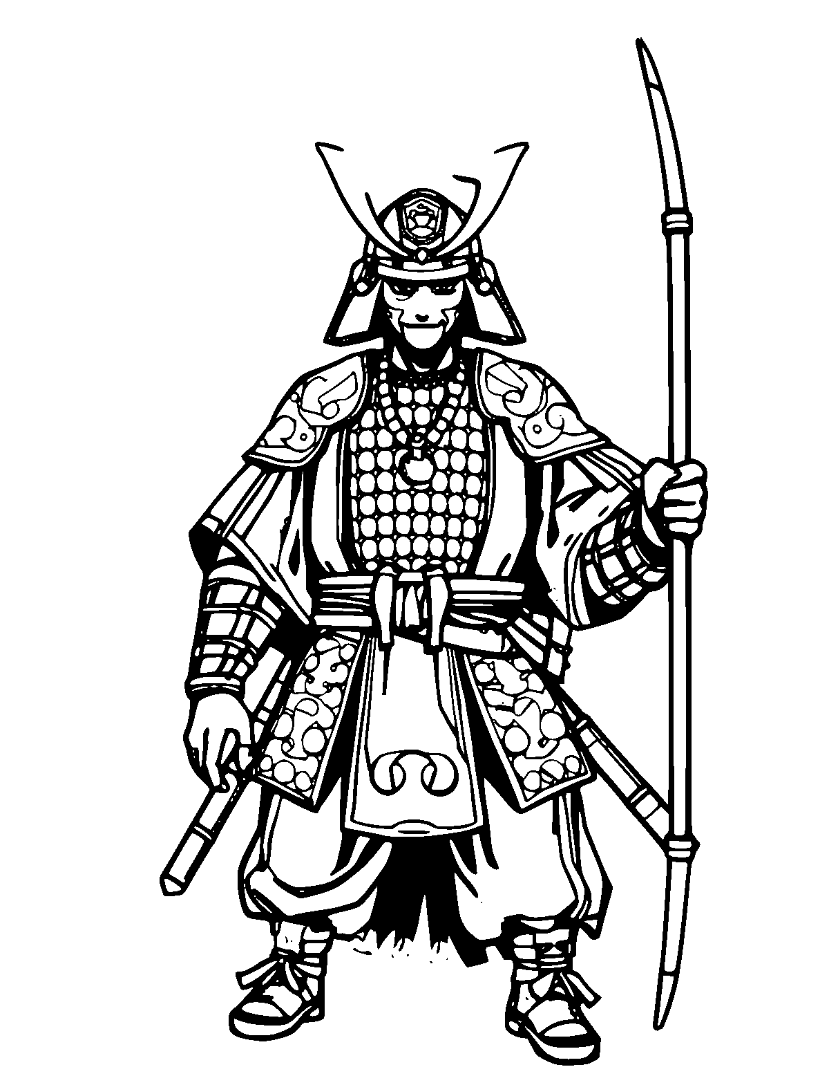 Line-art coloring page of Samurai Warrior, medium outlines, centered