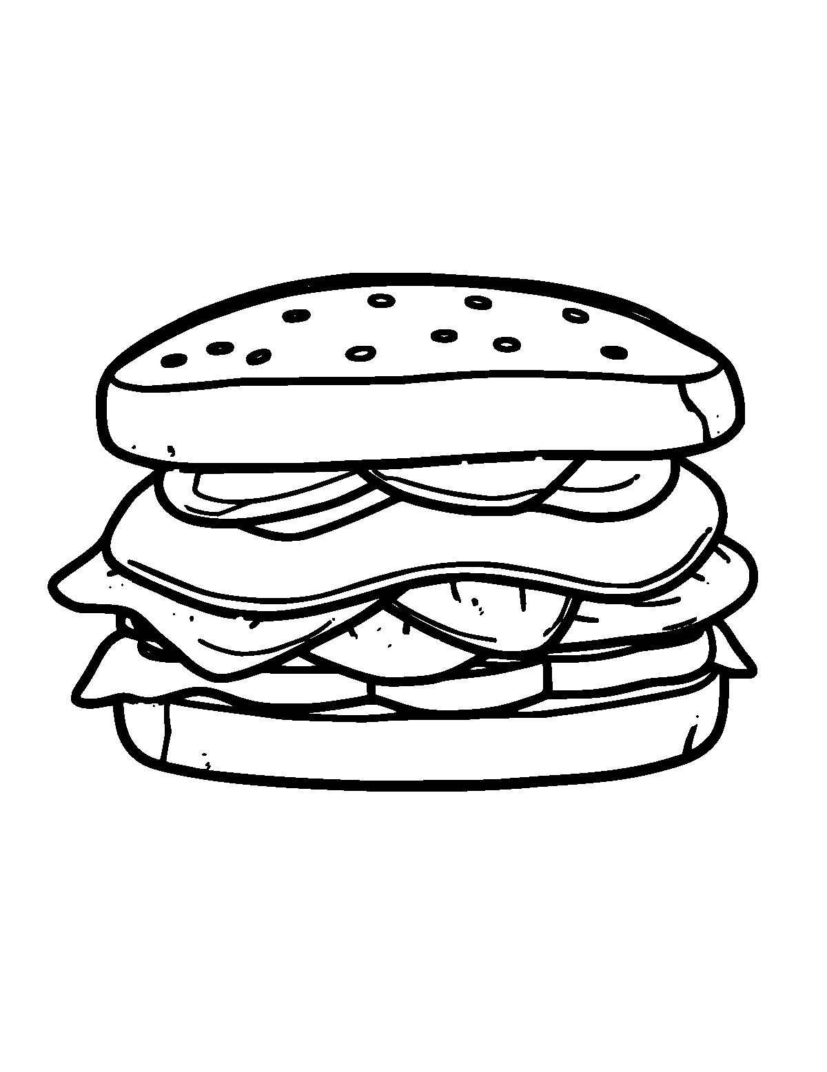 Line-art coloring page of Sandwich, thick outlines, centered