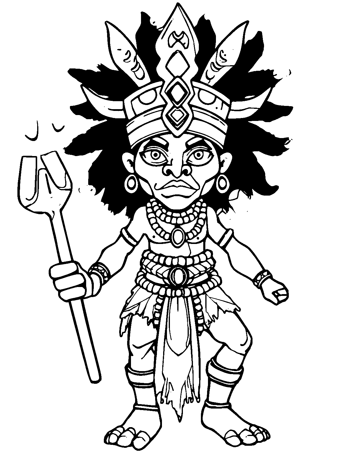 Line-art coloring page of Sango the Thunder Orisha, medium outlines, centered