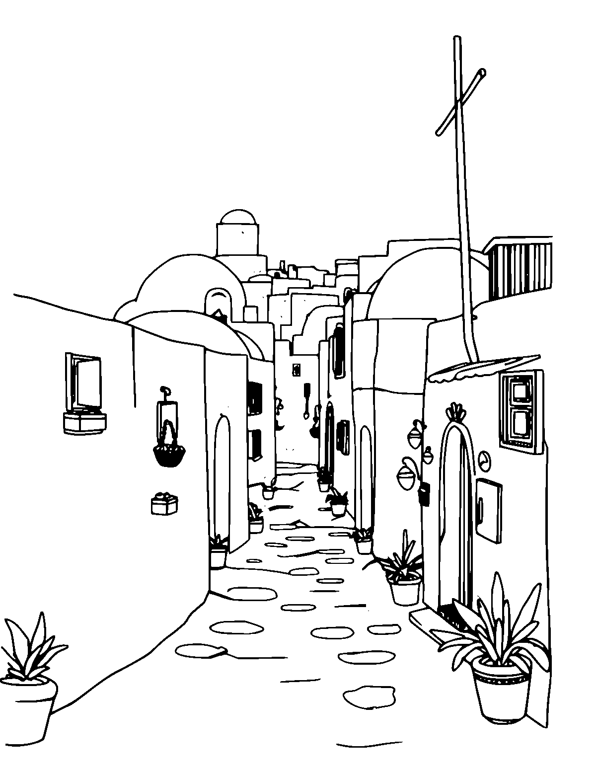 Line-art coloring page of Santorini Village, medium outlines, centered