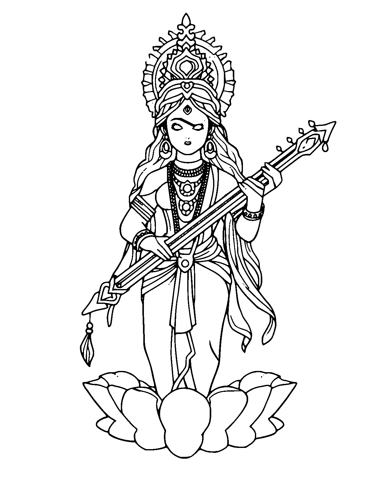 Line-art coloring page of Saraswati, medium outlines, centered