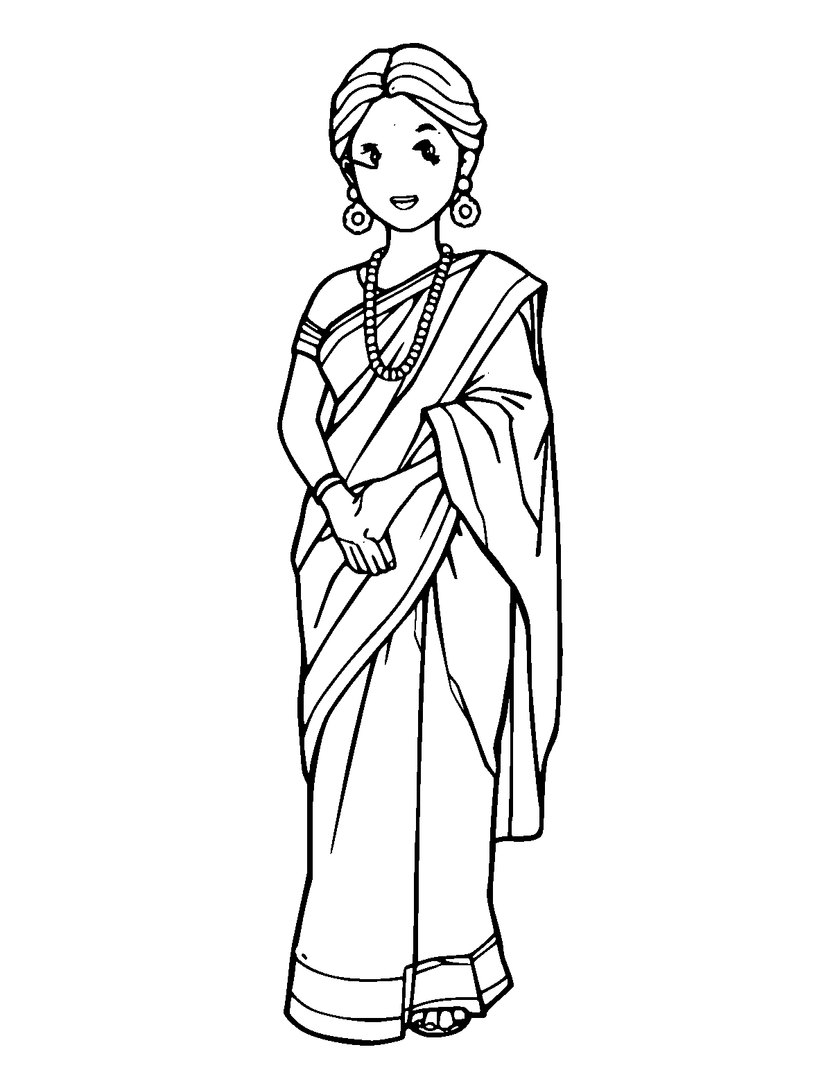 Line-art coloring page of Sari, medium outlines, centered