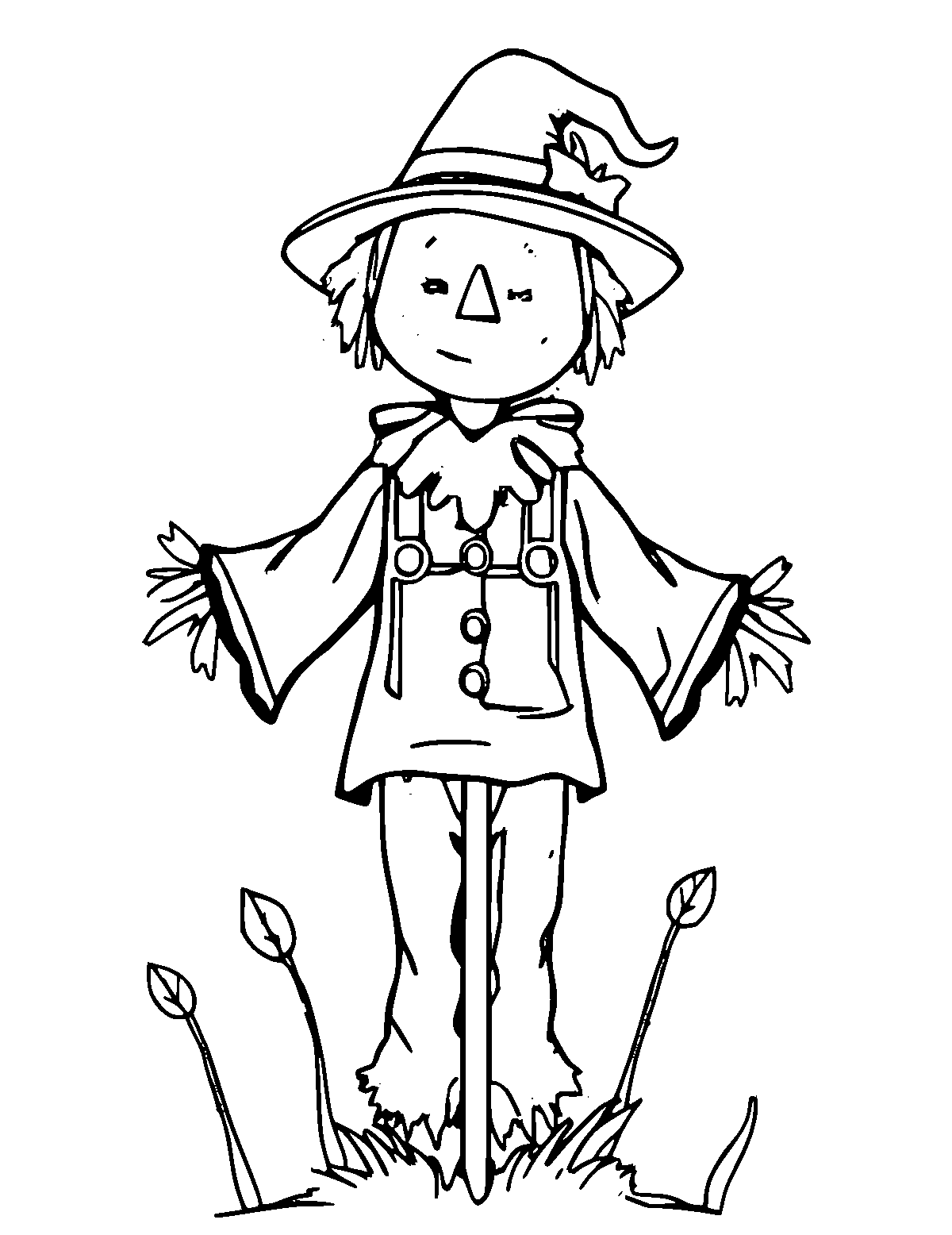 Line-art coloring page of Scarecrow, medium outlines, centered