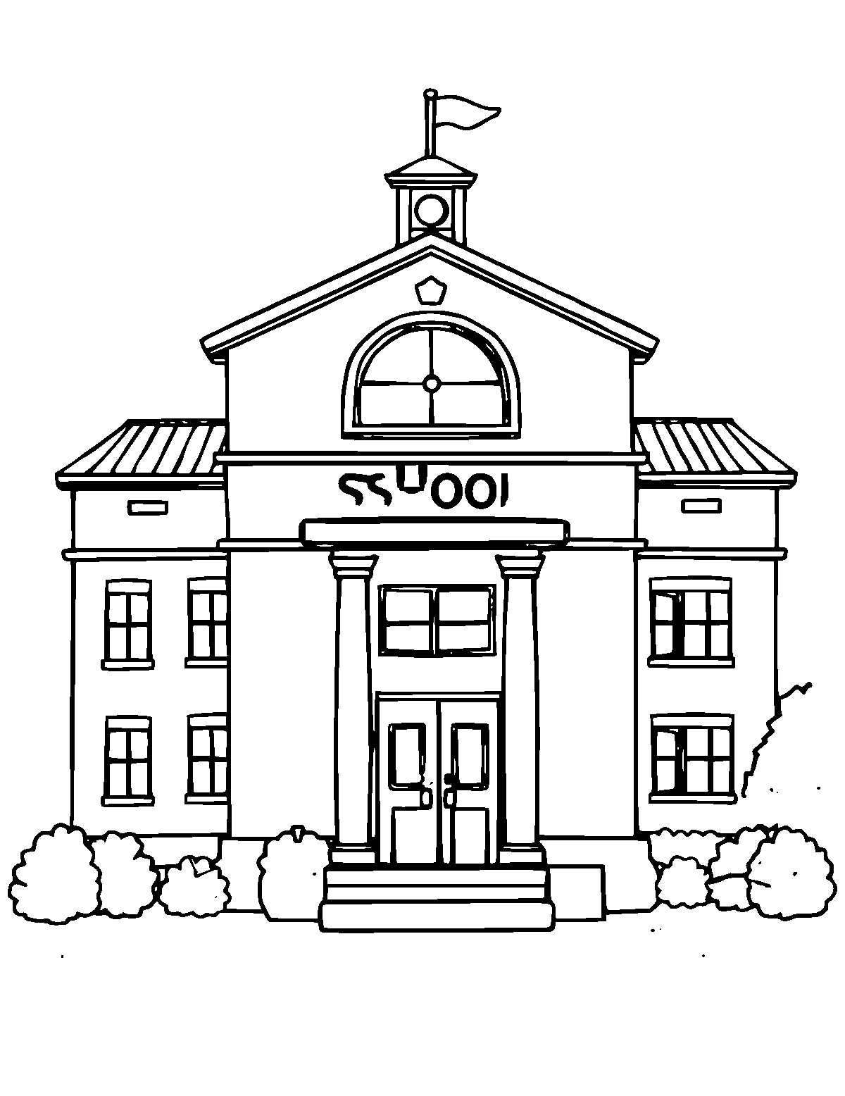 Line-art coloring page of School Building, medium outlines, centered