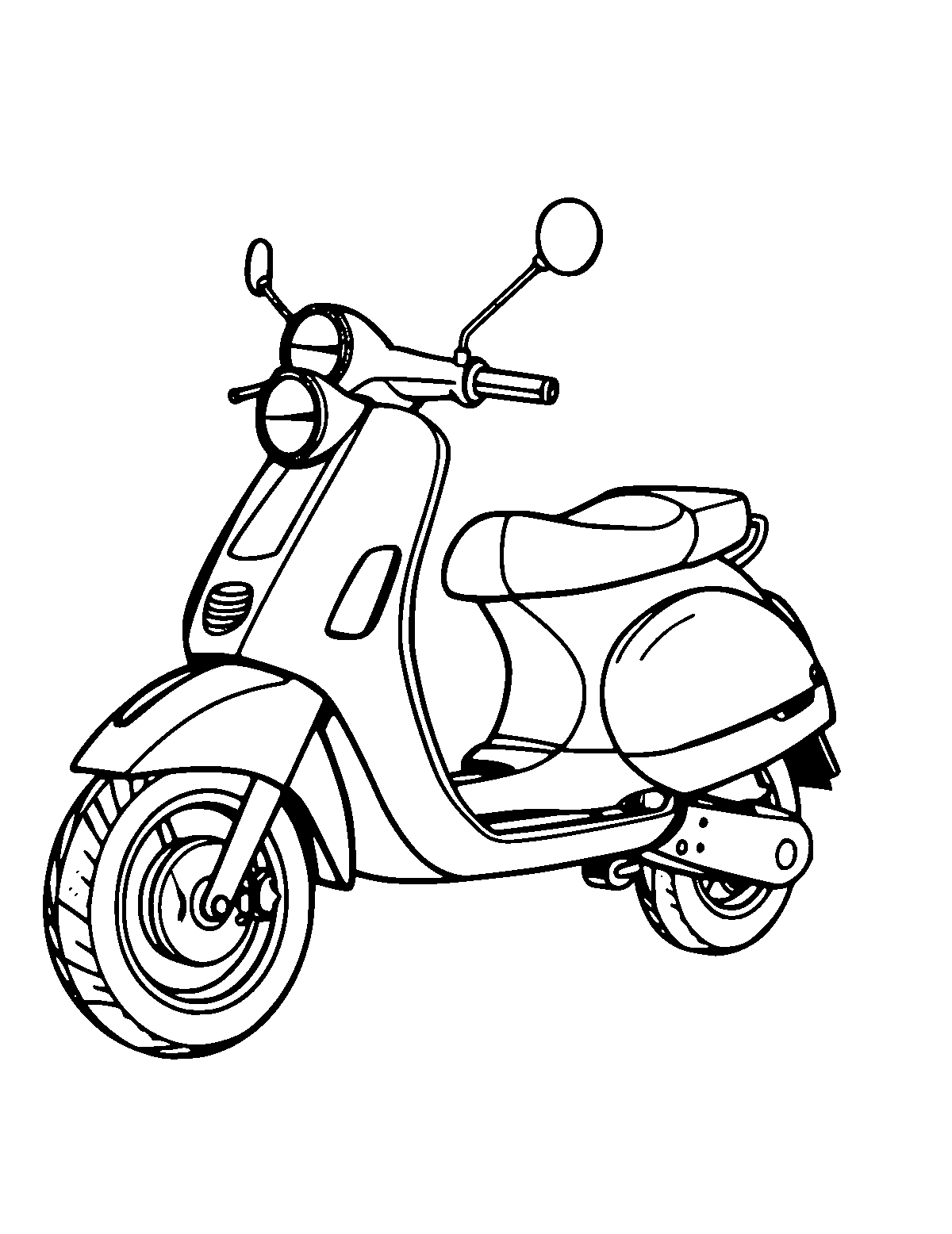 Line-art coloring page of Scooter, medium outlines, centered