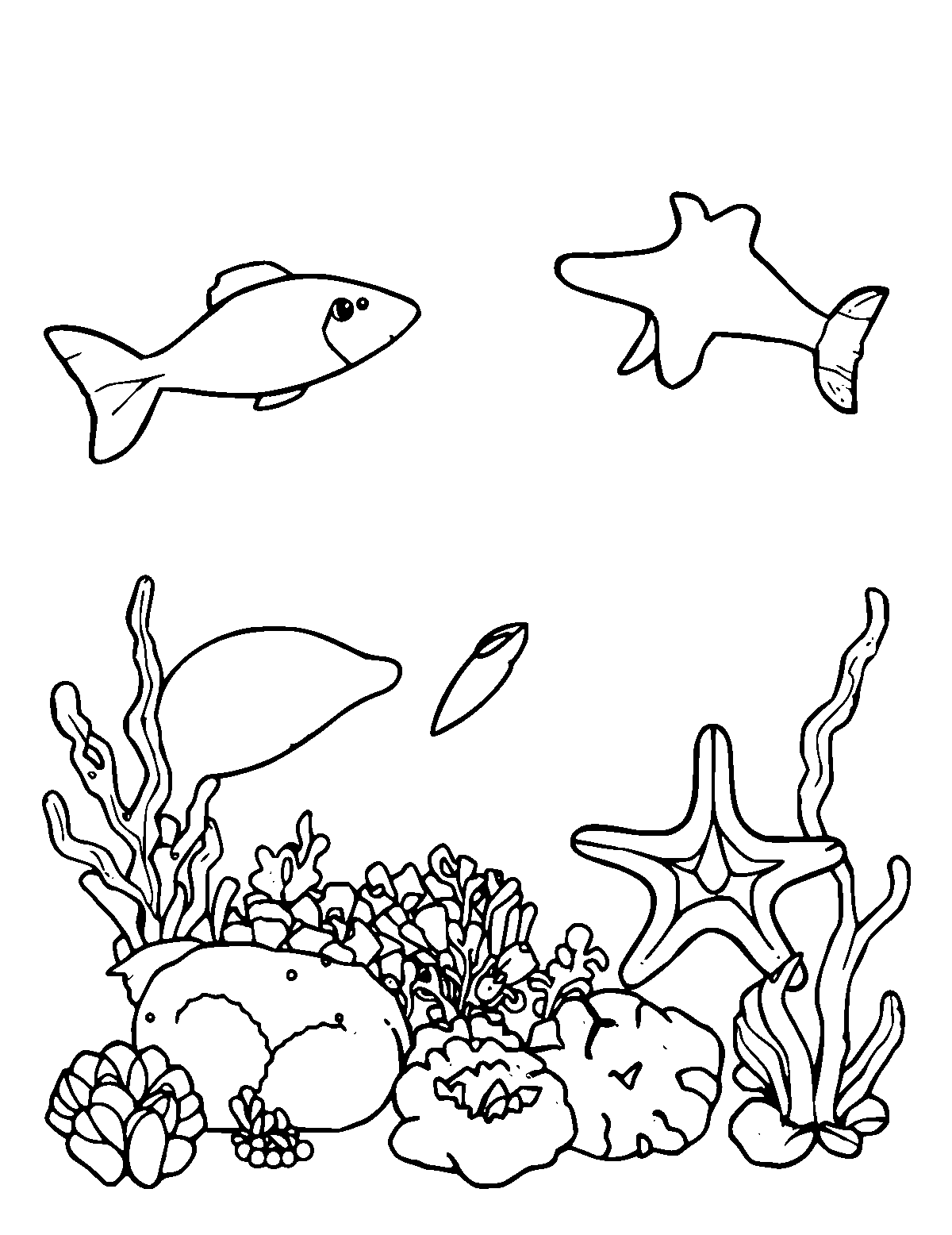 Line-art coloring page of Sea Animals, medium outlines, centered