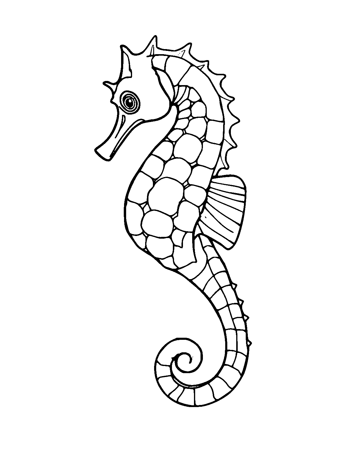 Line-art coloring page of Seahorse, medium outlines, centered
