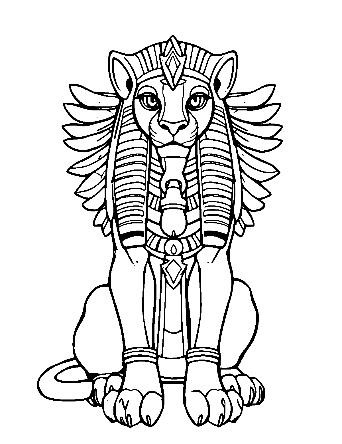 Line-art coloring page of Sekhmet the Lioness, medium outlines, centered