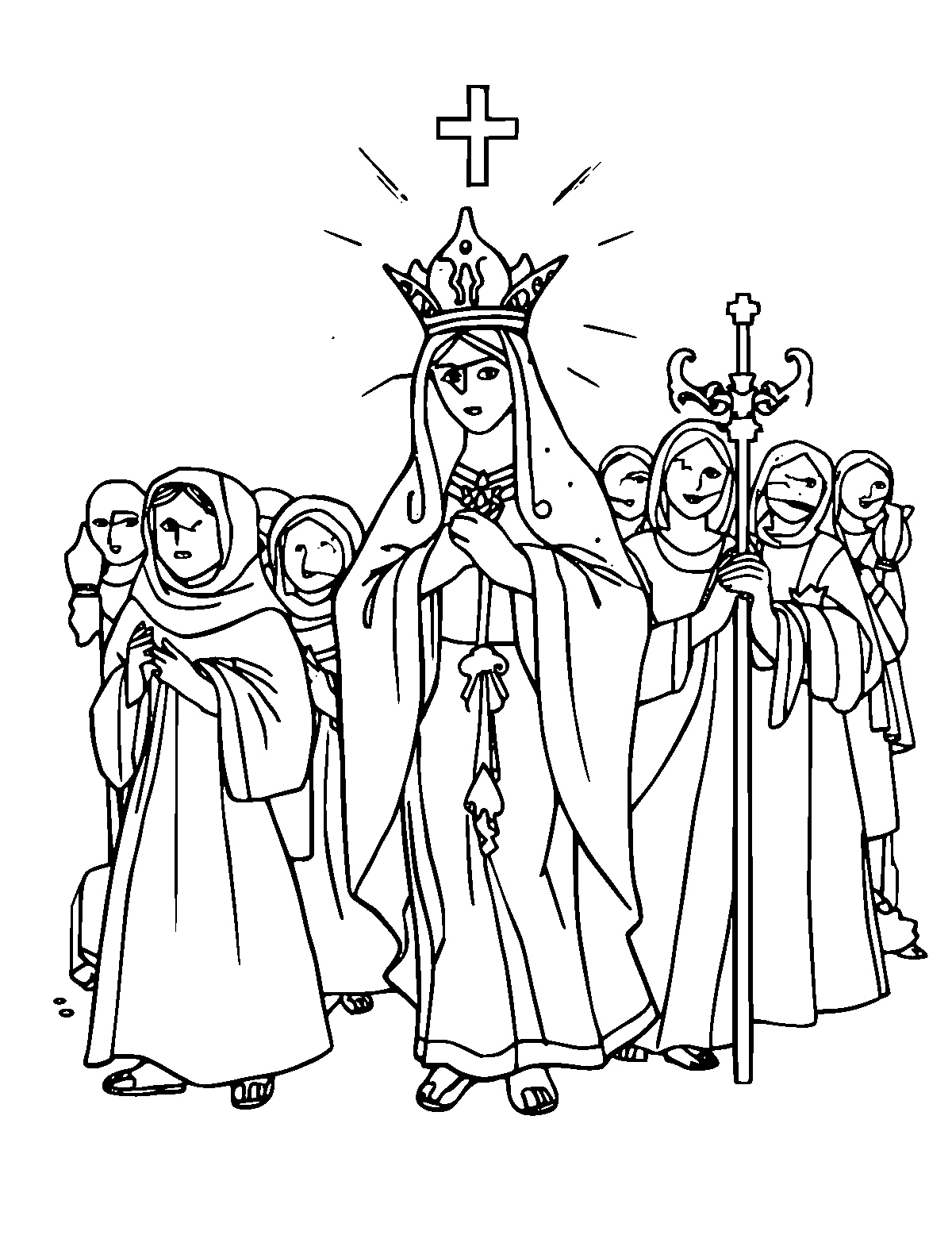 Line-art coloring page of Semana Santa Procession, medium outlines, centered