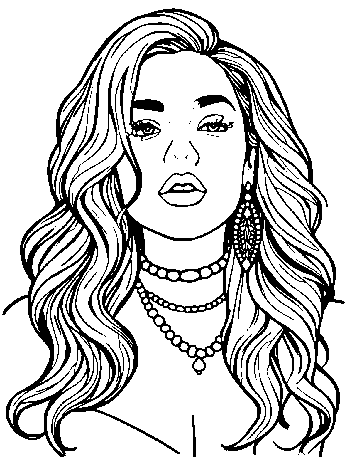 Line-art coloring page of Shakira, medium outlines, centered