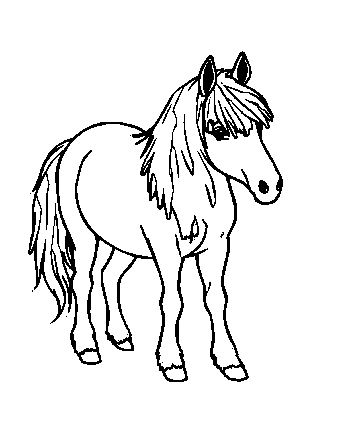 Line-art coloring page of Shetland Pony, medium outlines, centered