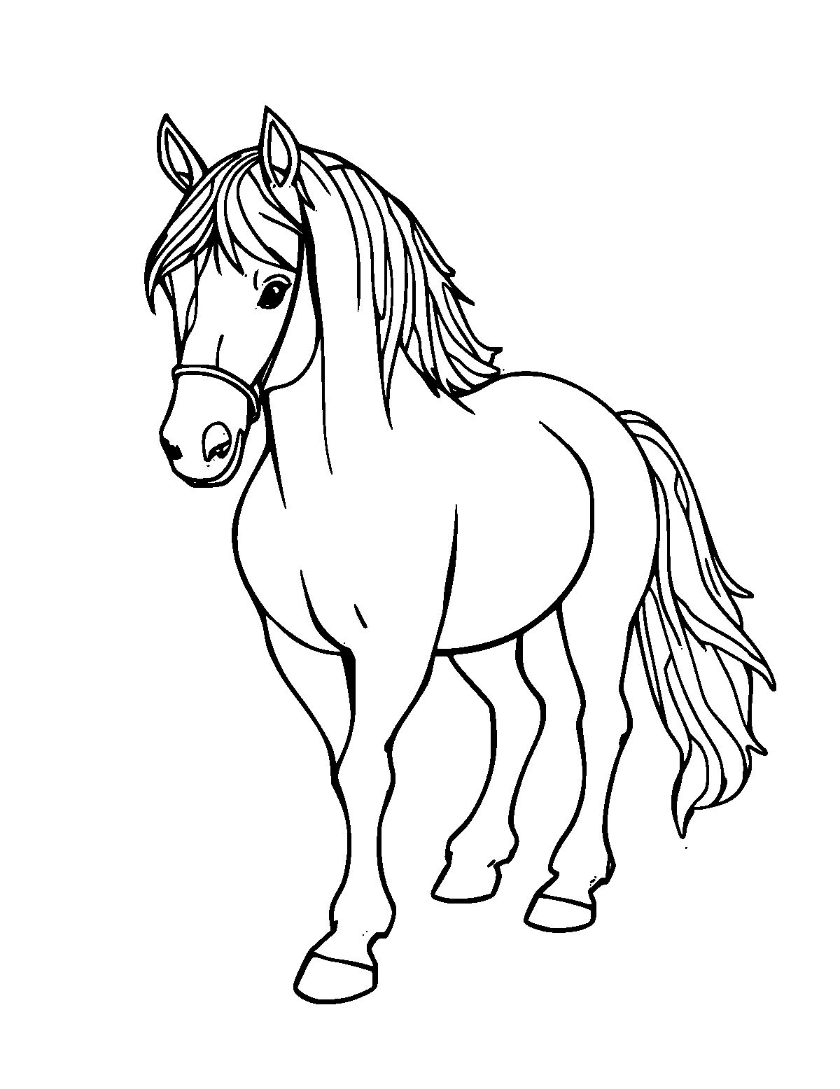 Line-art coloring page of Shire Horse, medium outlines, centered