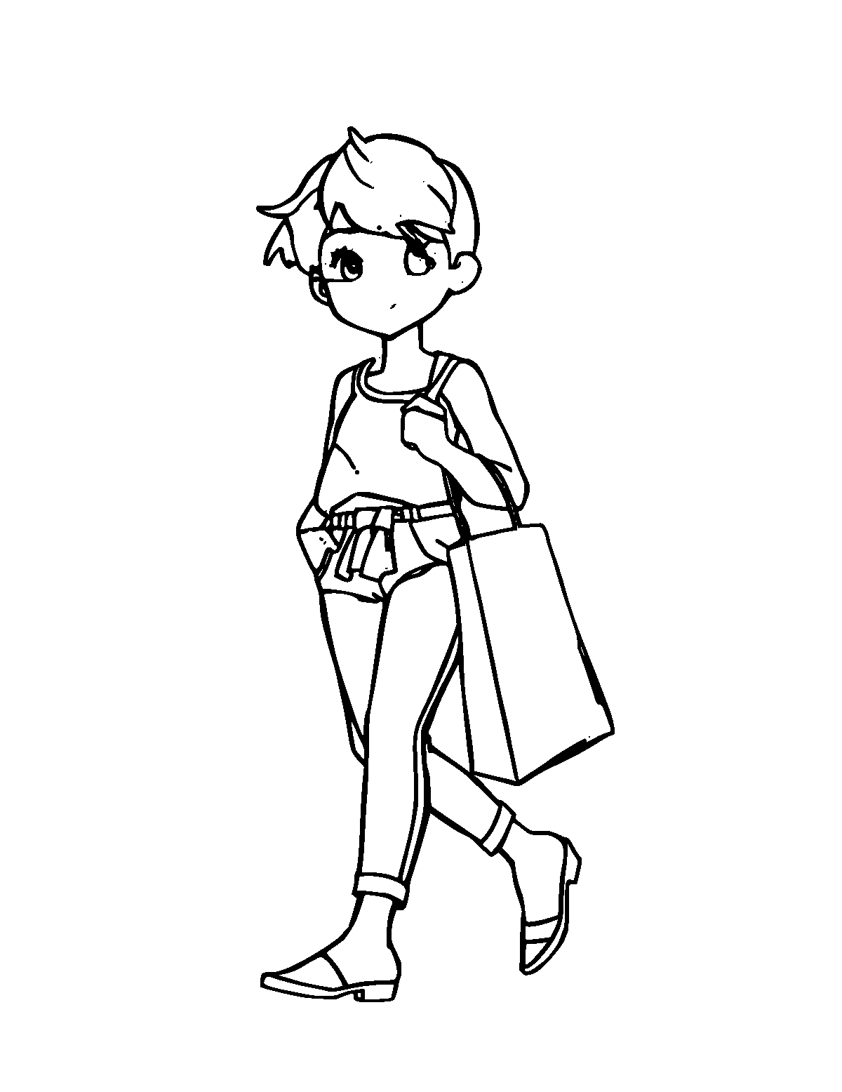 Line-art coloring page of Shopping Bag, medium outlines, centered