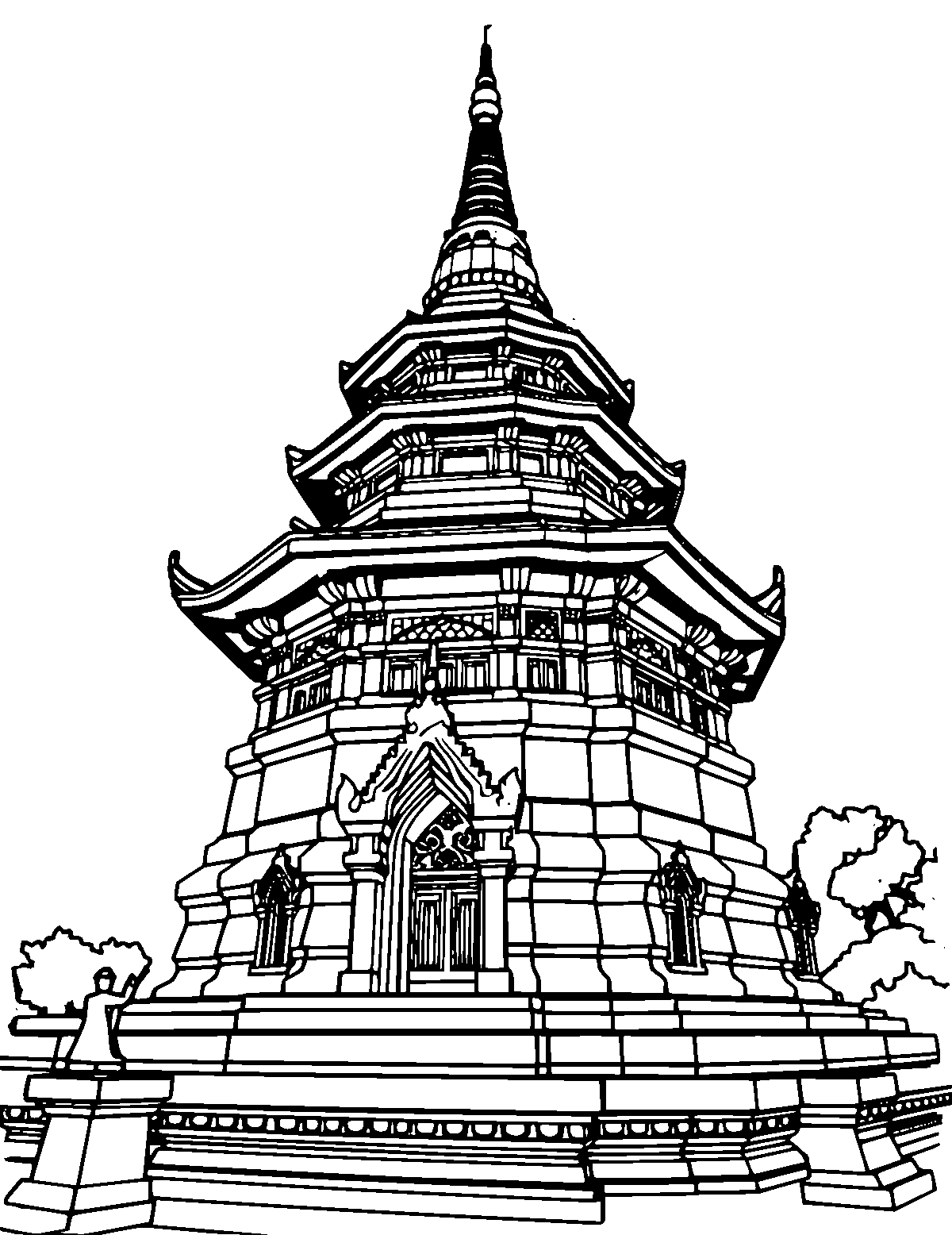Line-art coloring page of Shwedagon Pagoda, medium outlines, centered