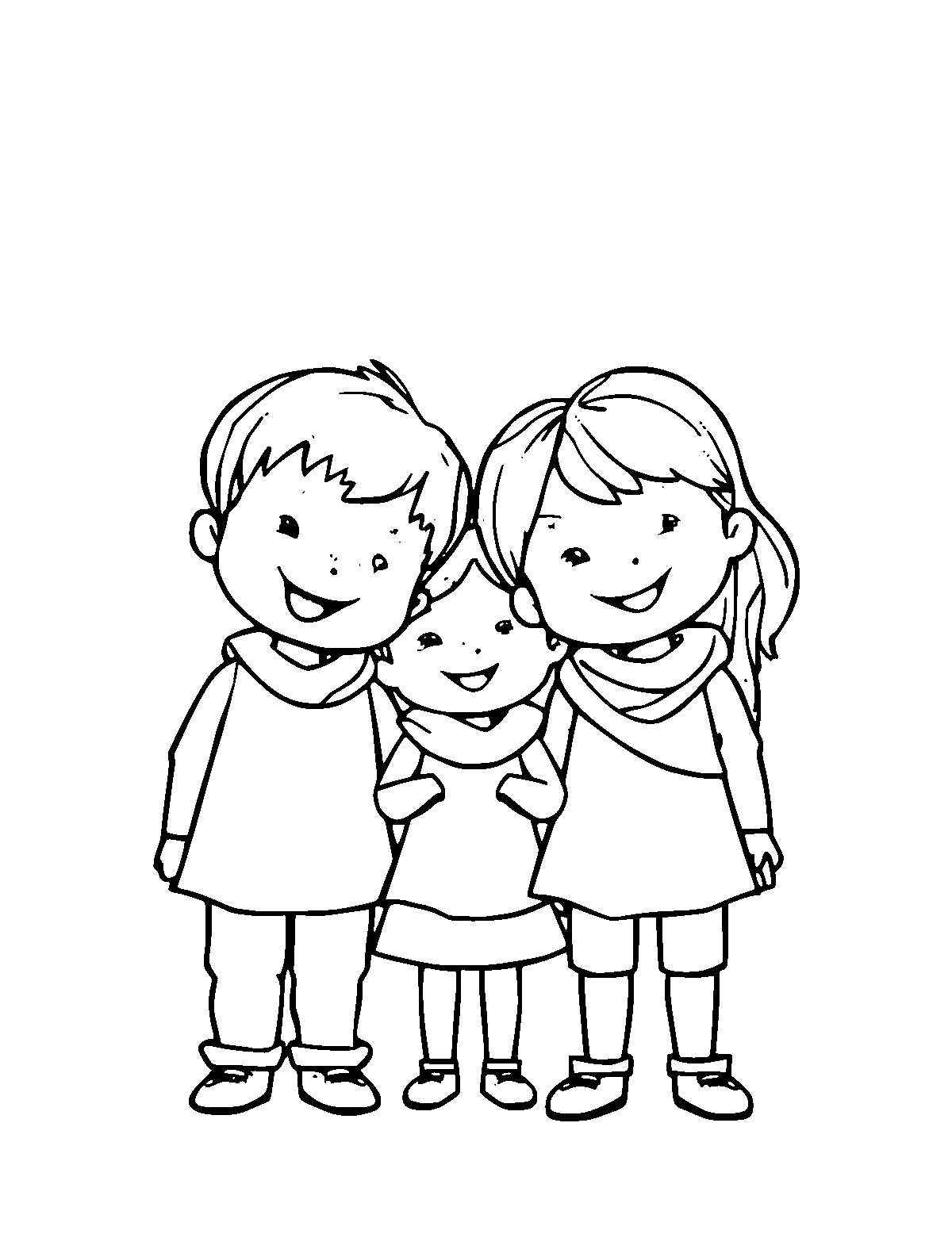 Line-art coloring page of Siblings, medium outlines, centered