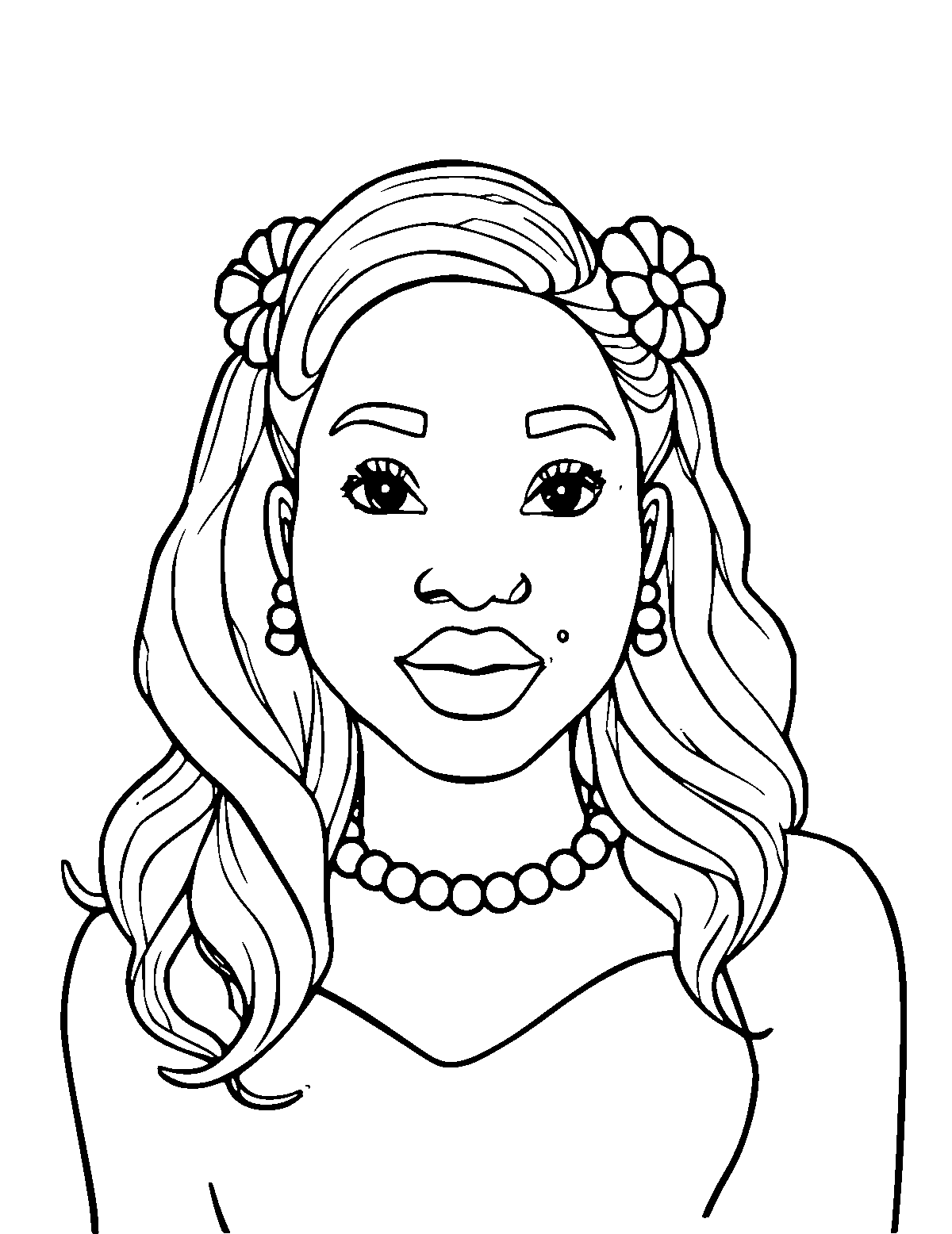 Line-art coloring page of Simone Biles, medium outlines, centered