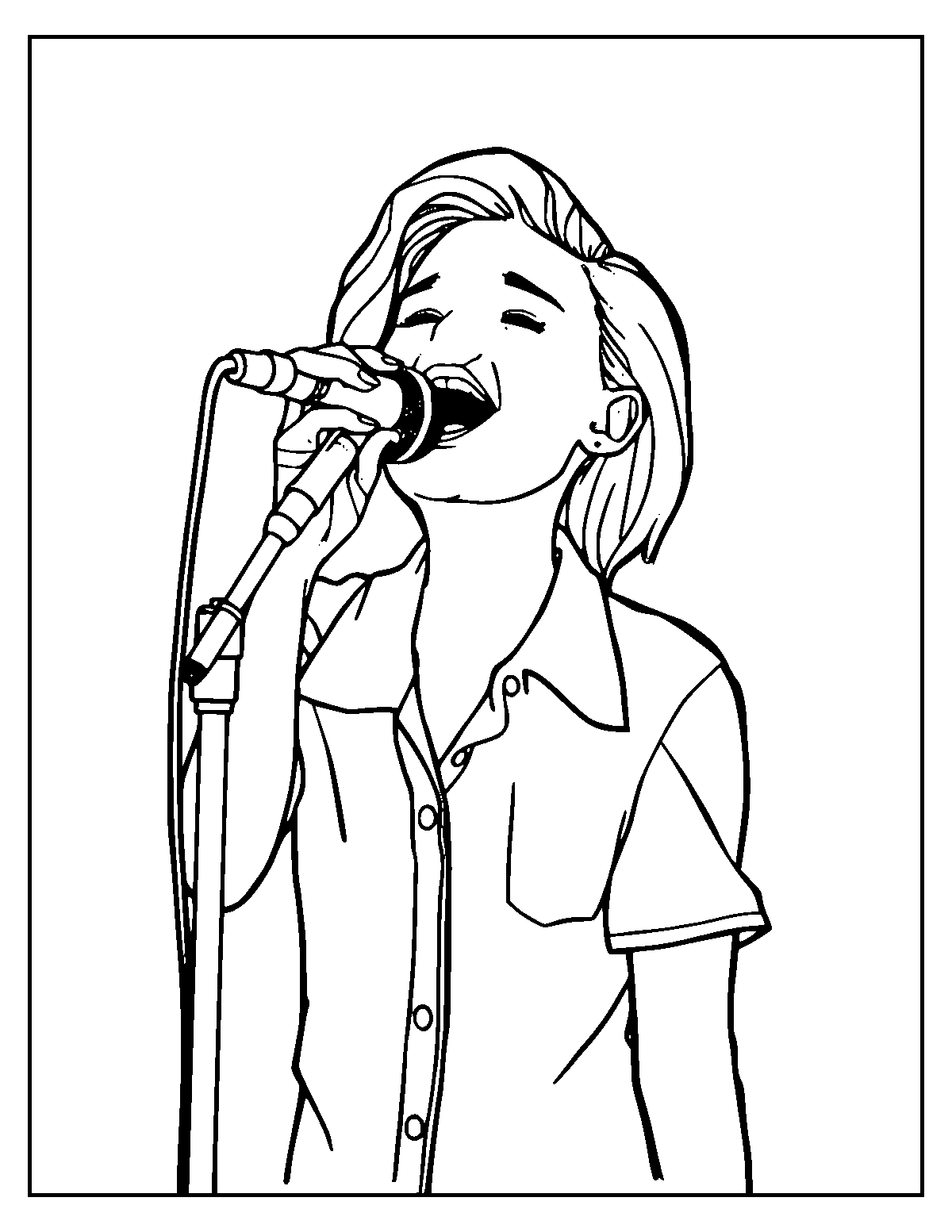 Line-art coloring page of Singer, medium outlines, centered