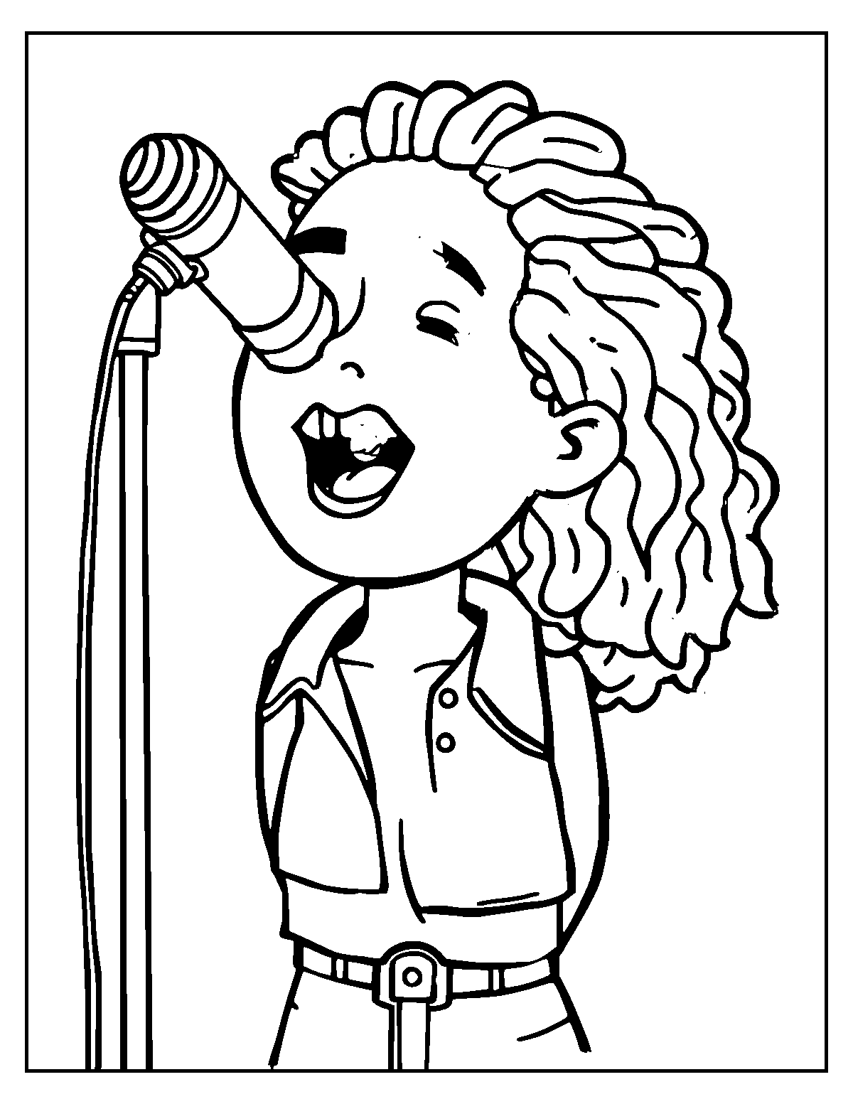 Line-art coloring page of Singer, thick outlines, centered