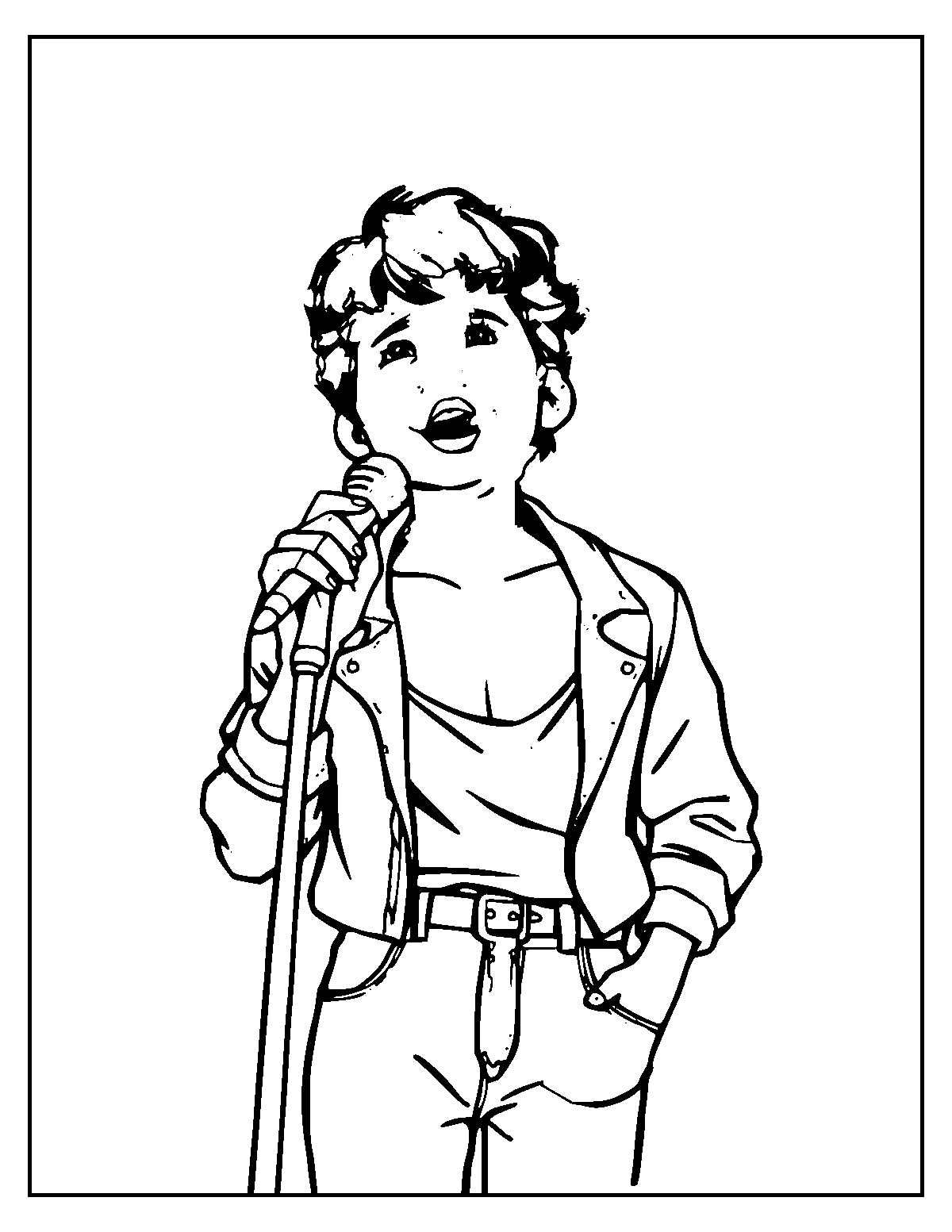 Line-art coloring page of Singer, medium outlines, centered