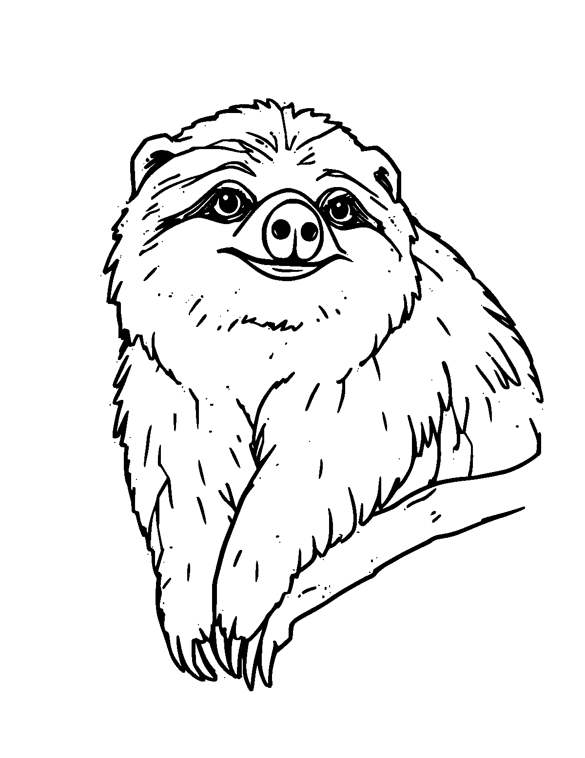 Line-art coloring page of Sloth Bear, medium outlines, centered